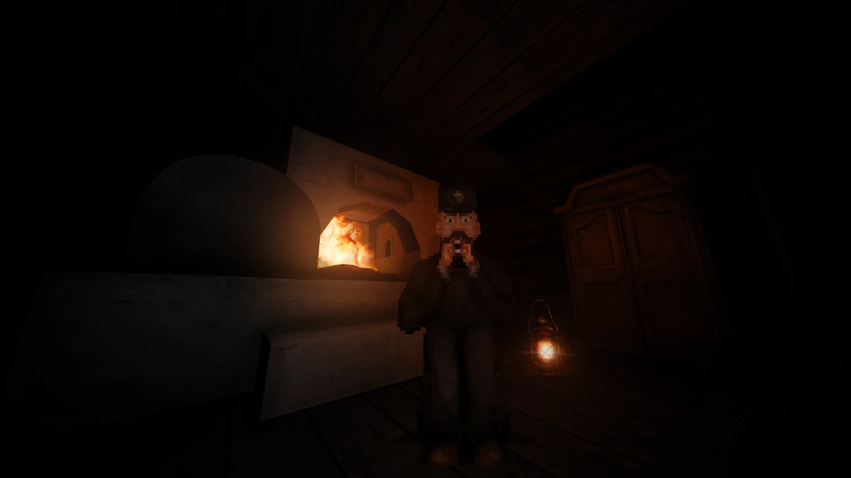 Interior con poca luz que muestra un hombre pixelado junto a una estufa encendida y una linterna en el suelo de madera
