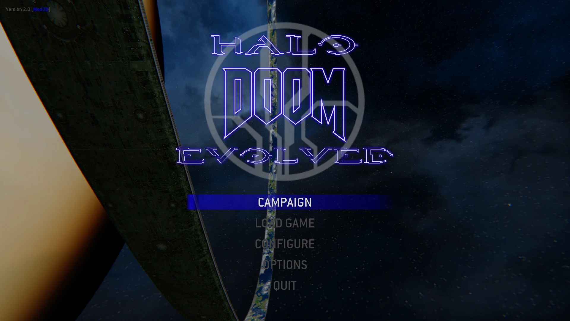 Main menu of Halo: Doom Evolved mod in Doom II showing campaign option with space background and ring world structure