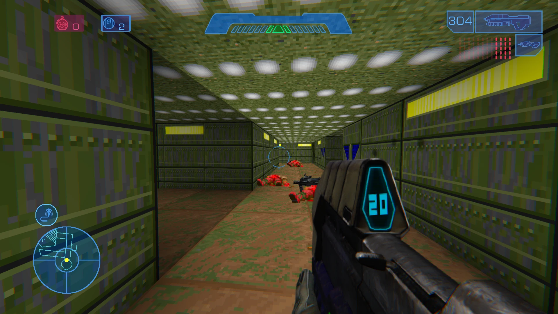 First-person view of a corridor with Halo assault rifle and Doom II style textures in Halo Doom Evolved mod