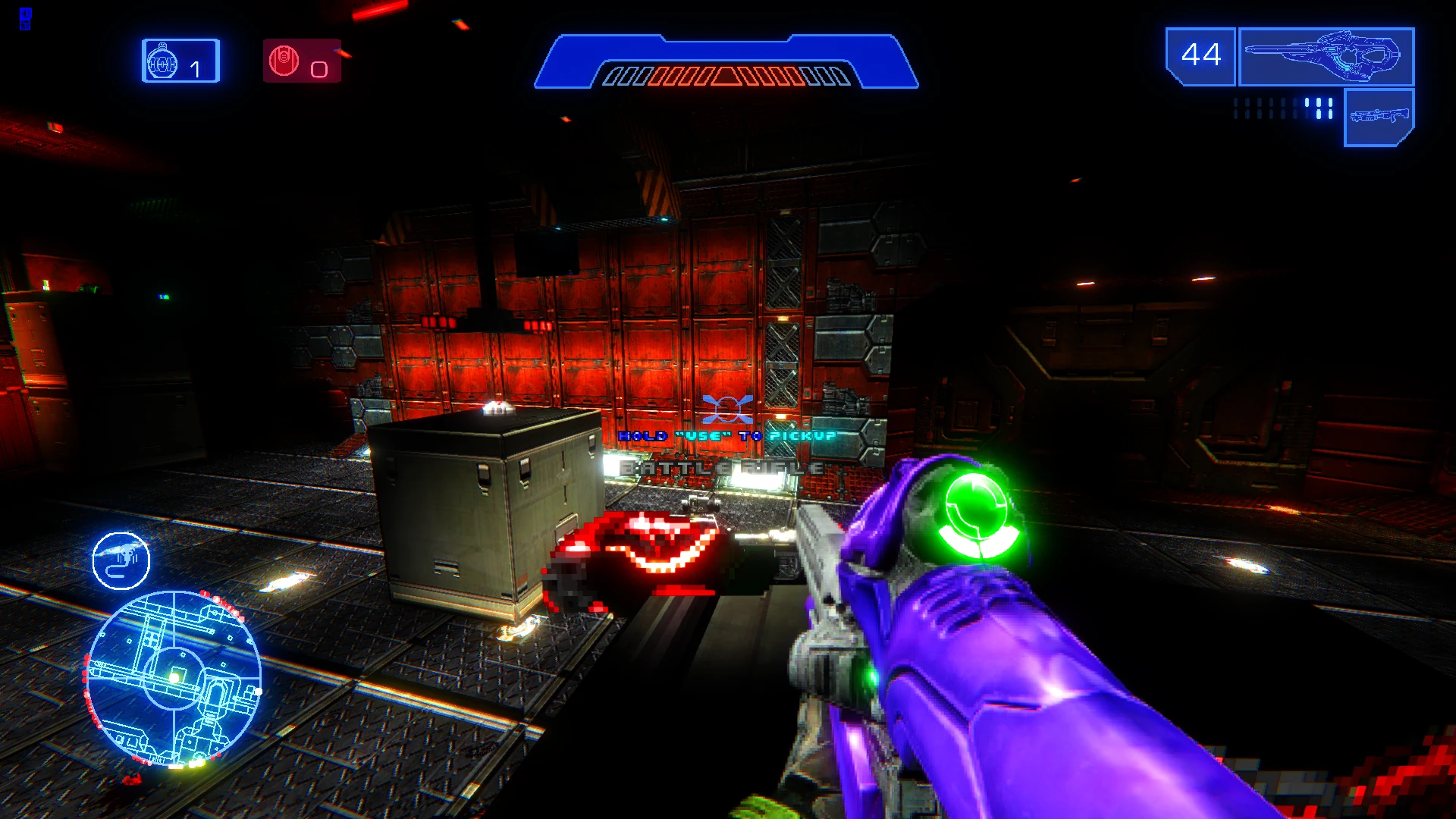 Player holding a glowing purple plasma rifle in a dimly lit industrial room with blue HUD in Halo: Doom Evolved