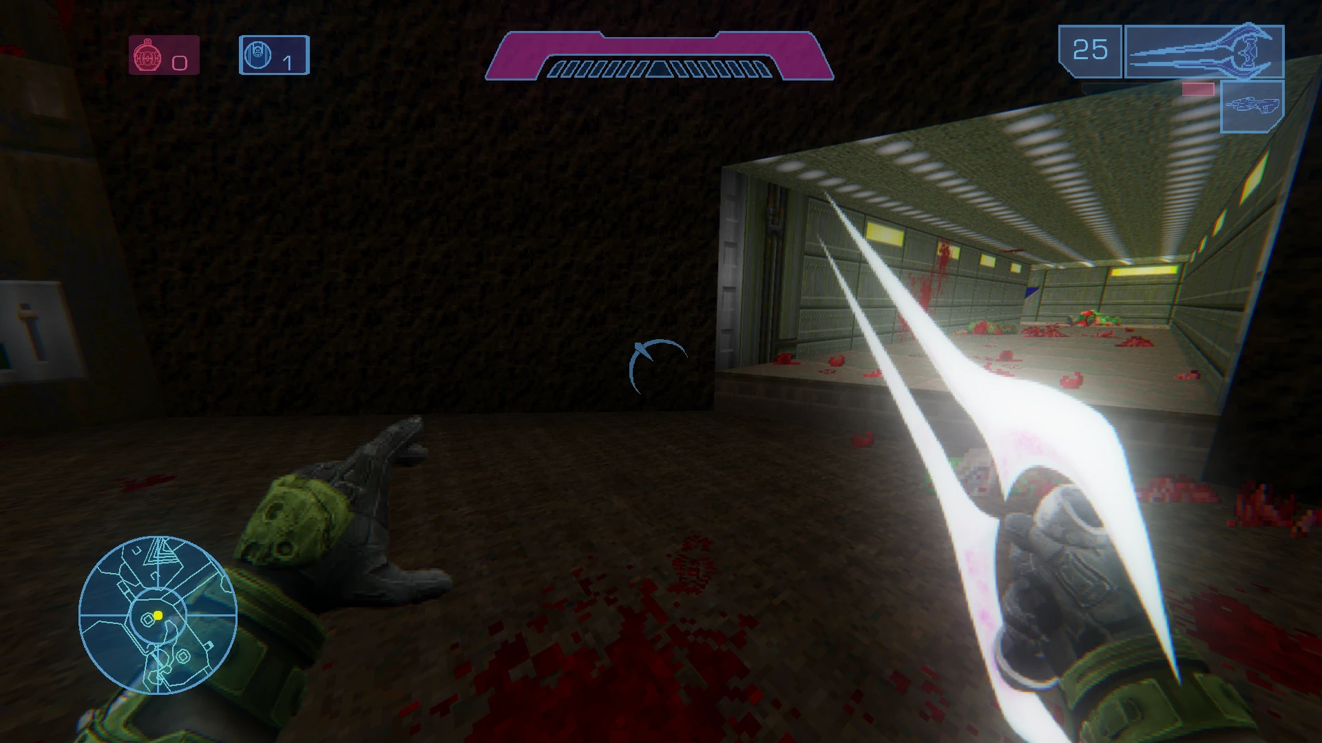 First-person view of player holding glowing energy sword in a corridor with pixelated blood on the floor in Doom II mod Halo Doom Evolved