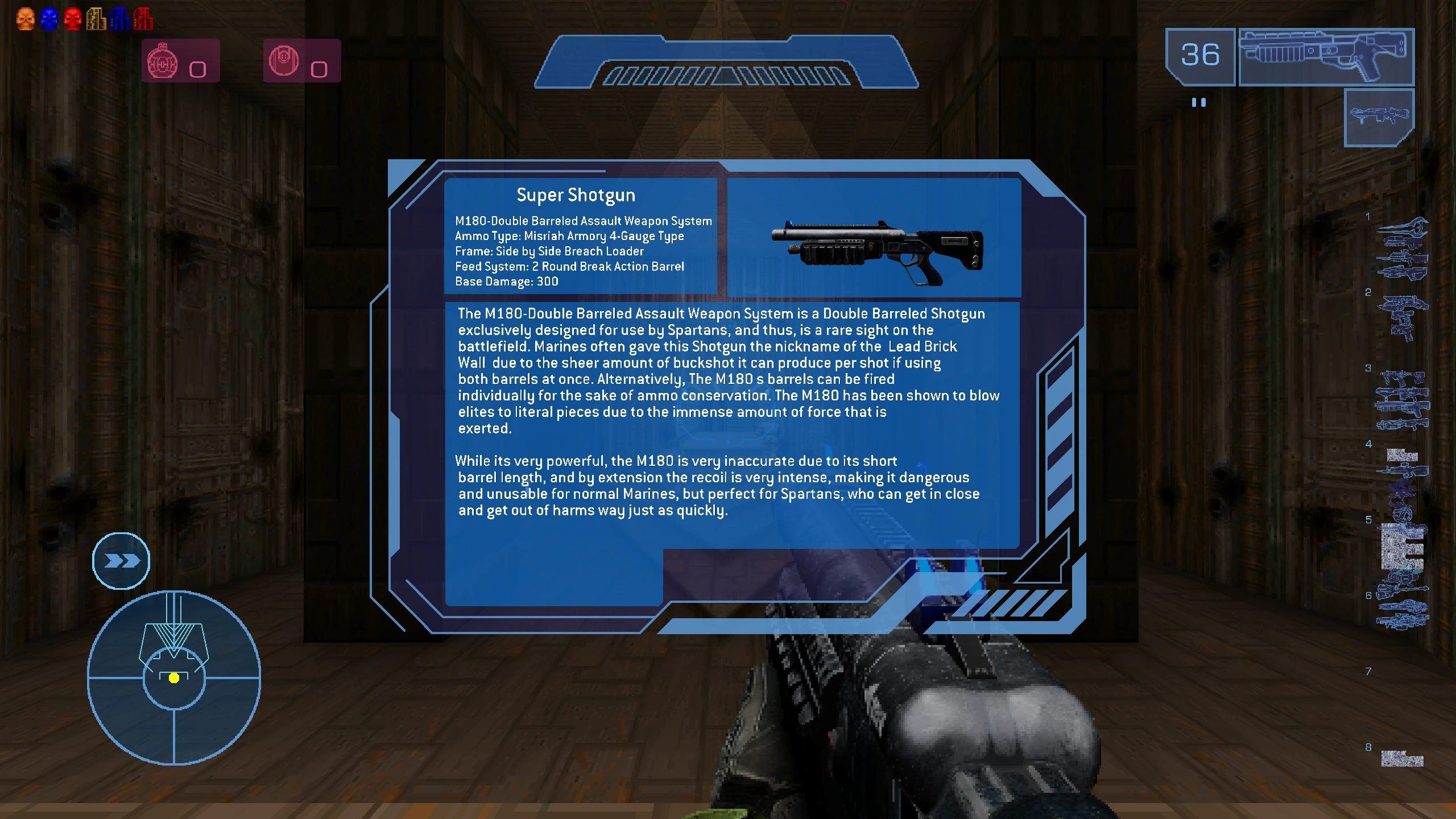 First-person view of player holding a super shotgun with detailed weapon stats displayed in futuristic HUD