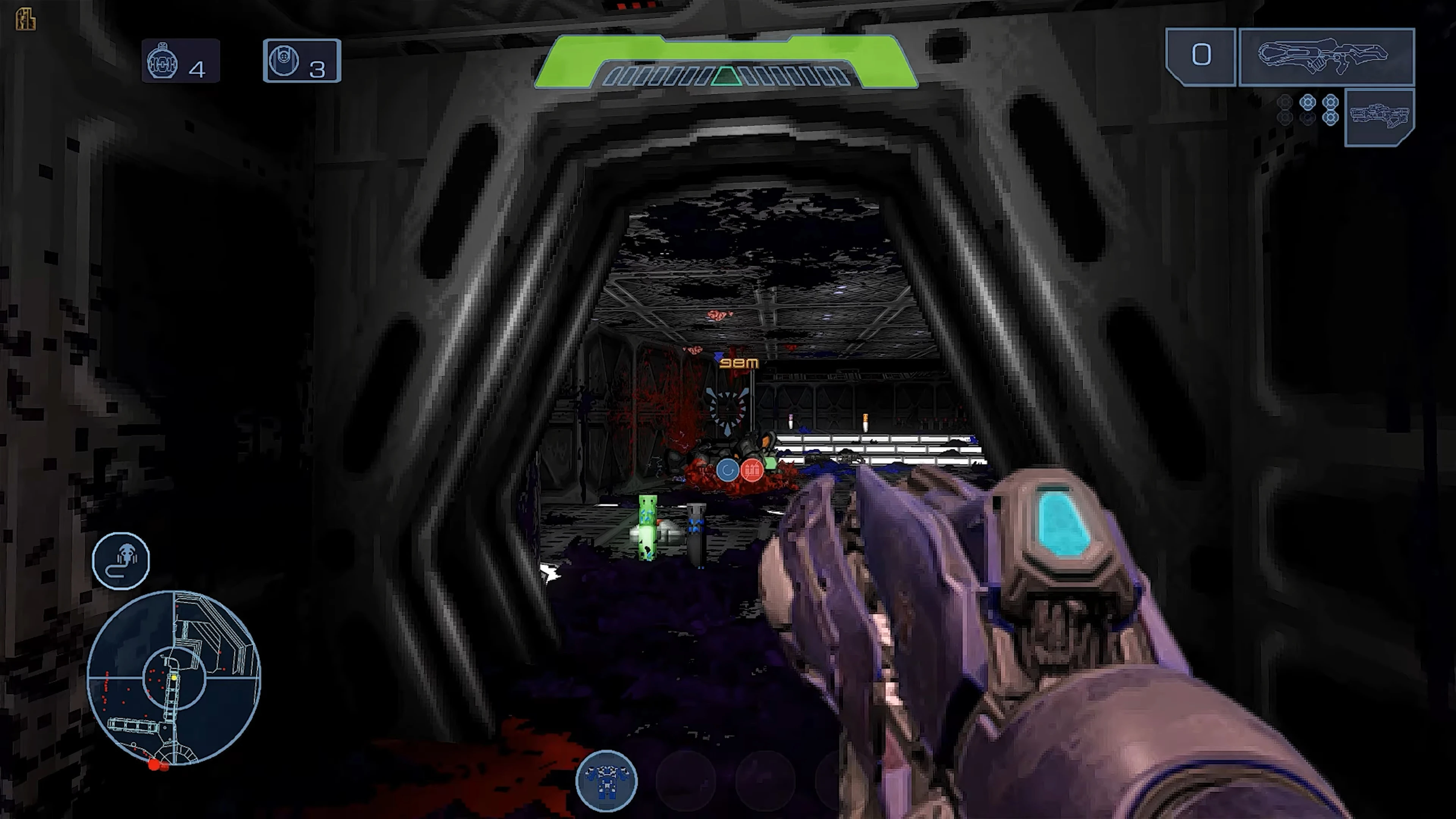 First-person view showing a pixelated sci-fi weapon in a dark corridor with HUD elements from Halo Doom Evolved mod