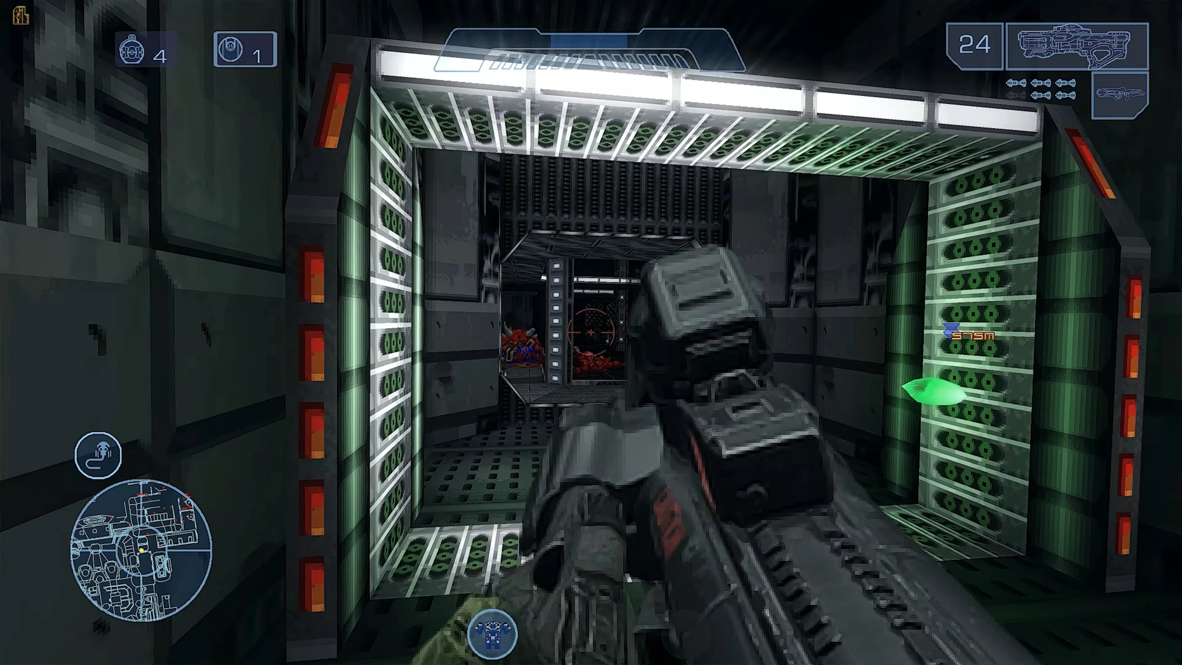 Gameplay screenshot showing a futuristic corridor and a player weapon aiming at enemies in Halo Doom Evolved mod