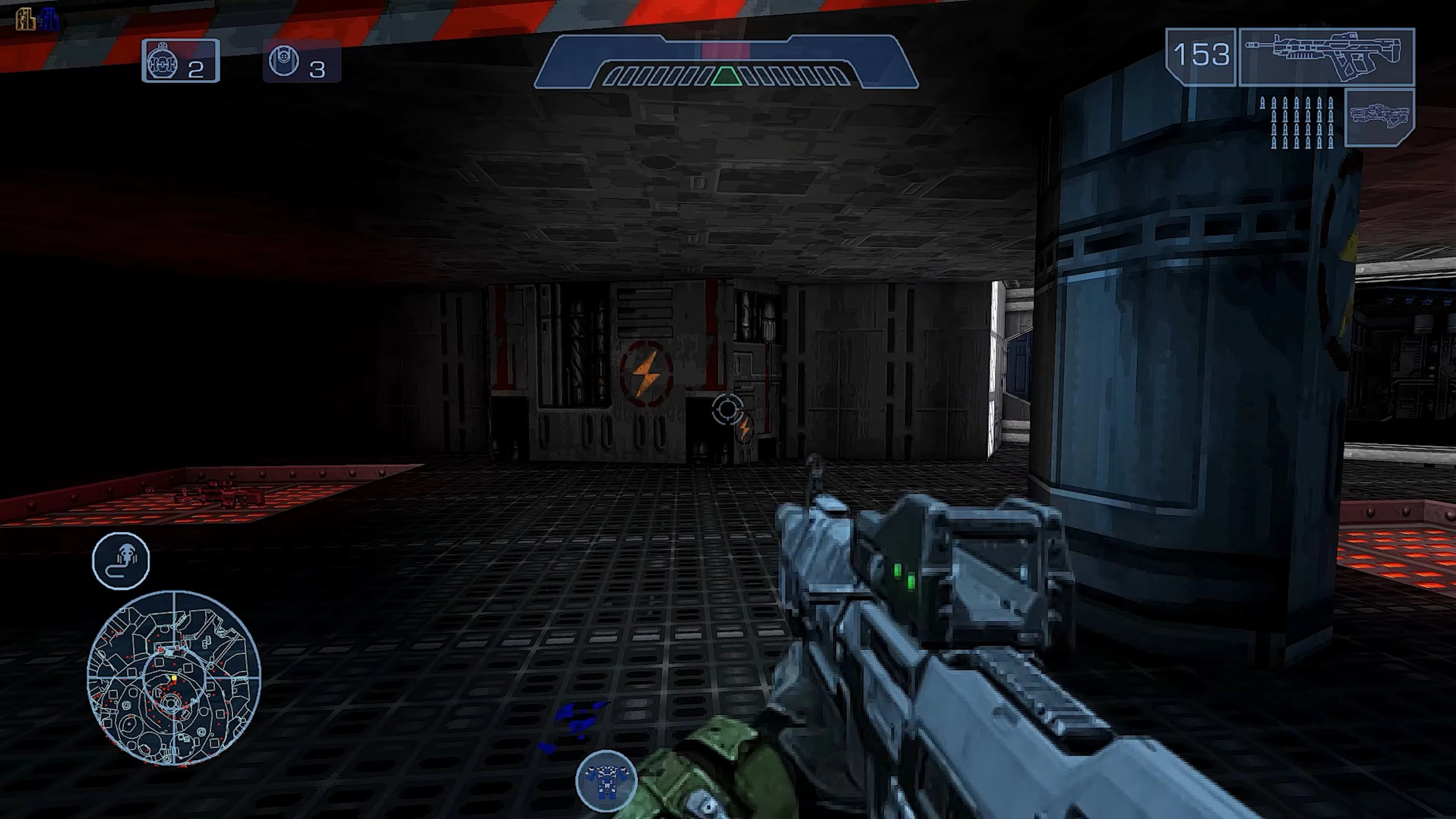 First-person view showing a futuristic weapon and a dark tech interior with HUD of Halo mod in Doom II