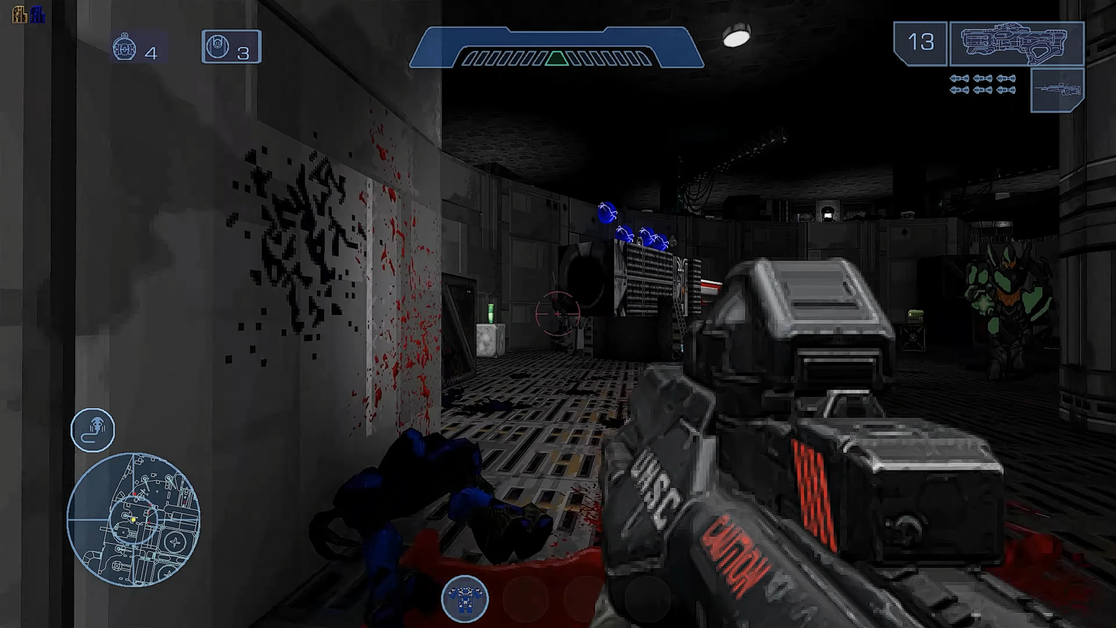 Screenshot of Doom II modified with Halo-themed weapons and HUD elements in a dark sci-fi corridor