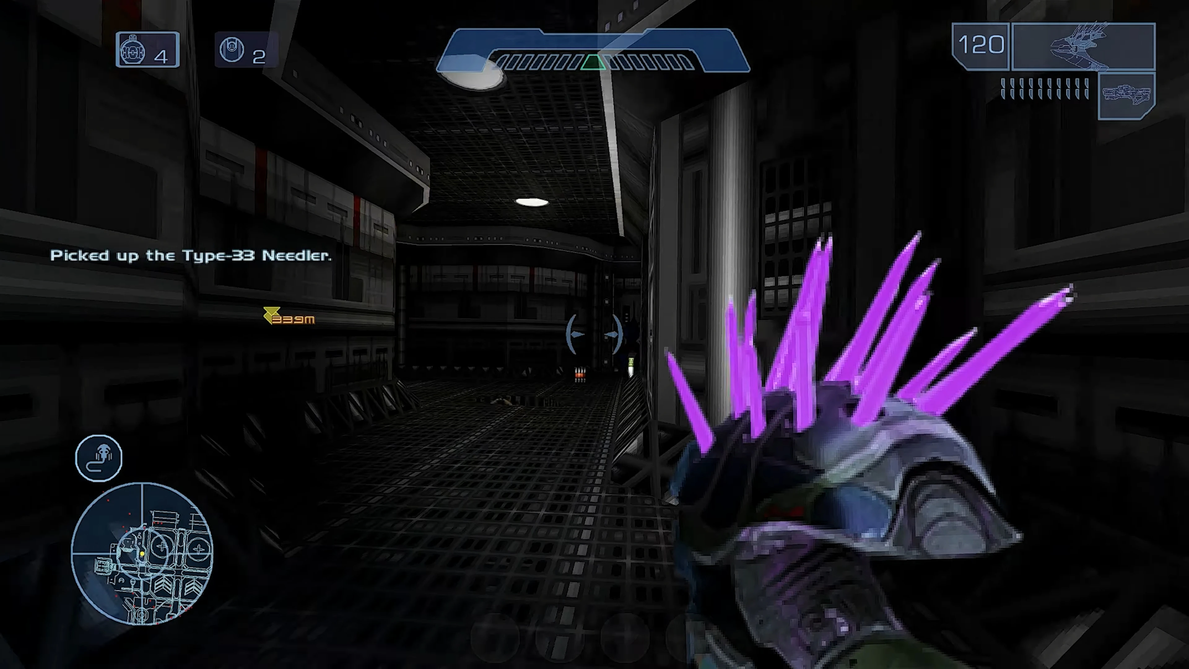 First-person view of a player holding a purple-spiked weapon inside a dark sci-fi corridor in Halo Doom Evolved mod