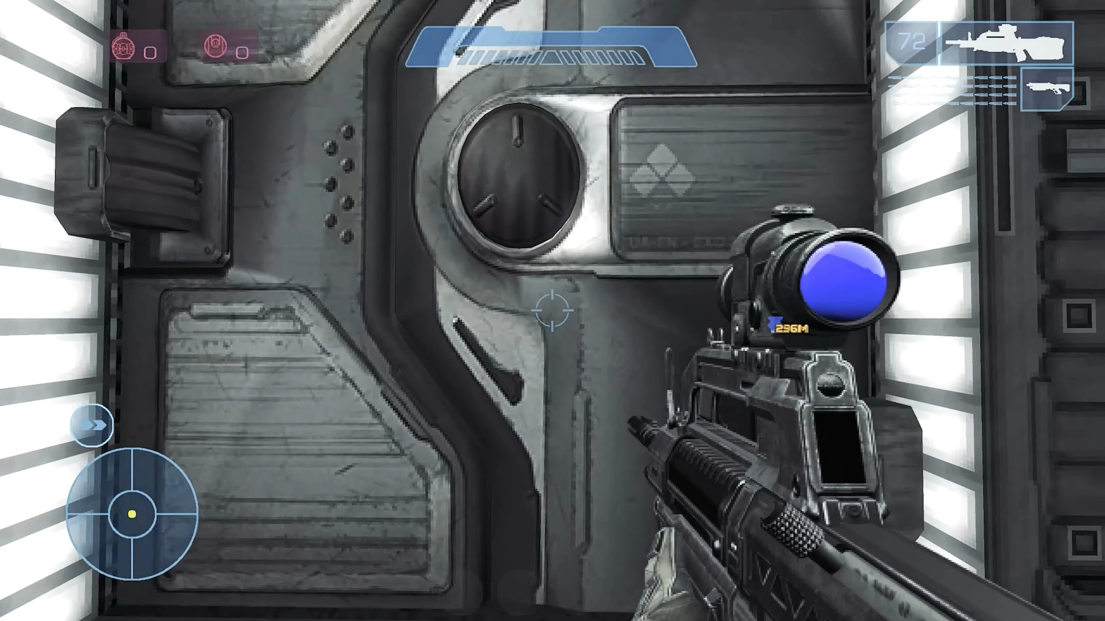 First-person view of a scoped weapon and Halo-style HUD elements in Doom II mod Halo Doom Evolved