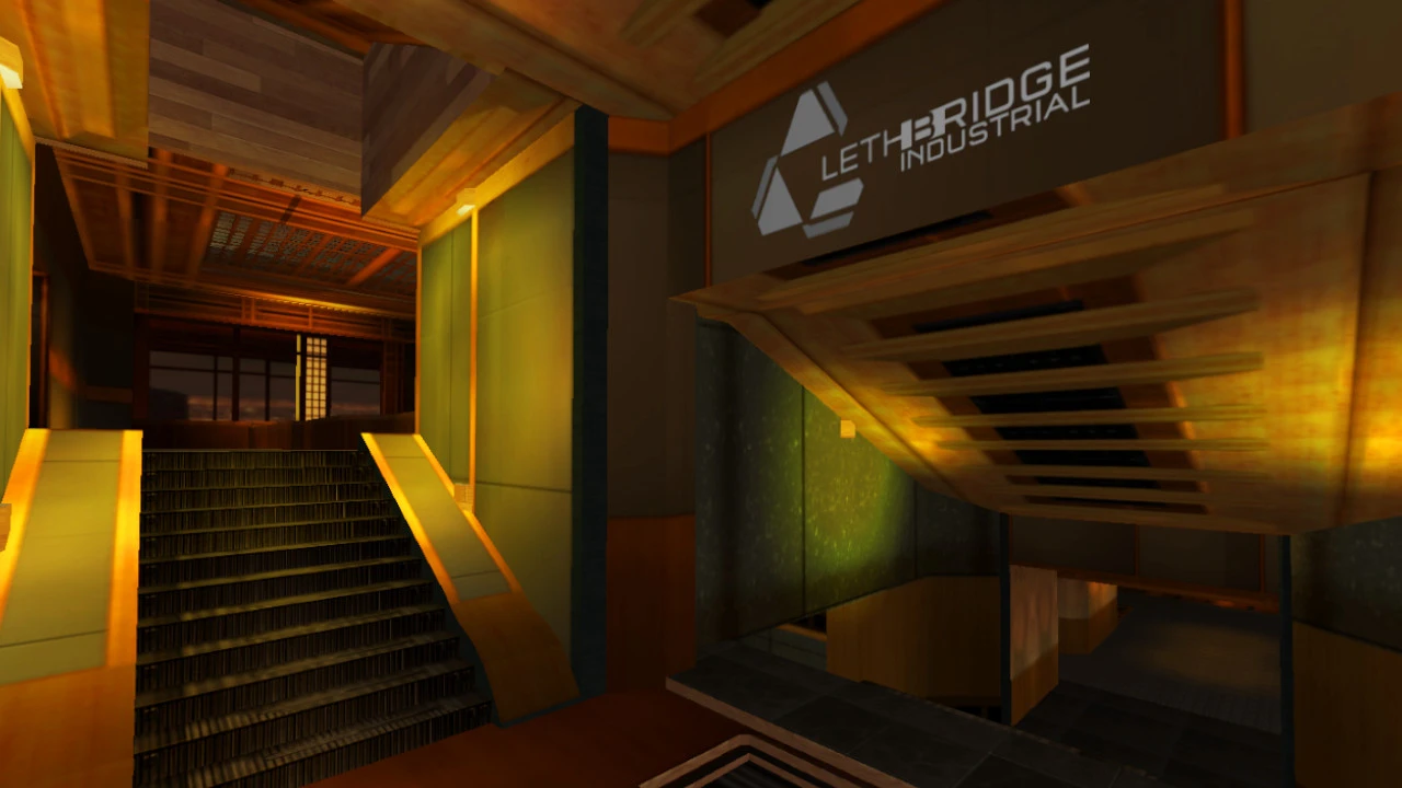 Pasillo industrial con poca luz, escaleras y cartel de Lethbridge Industrial en el mod Halodoom de Doom II