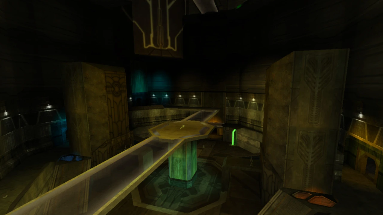 Vista interior de una arena futurista oscura con pilar central y pasarelas iluminadas en el mod Halodoom