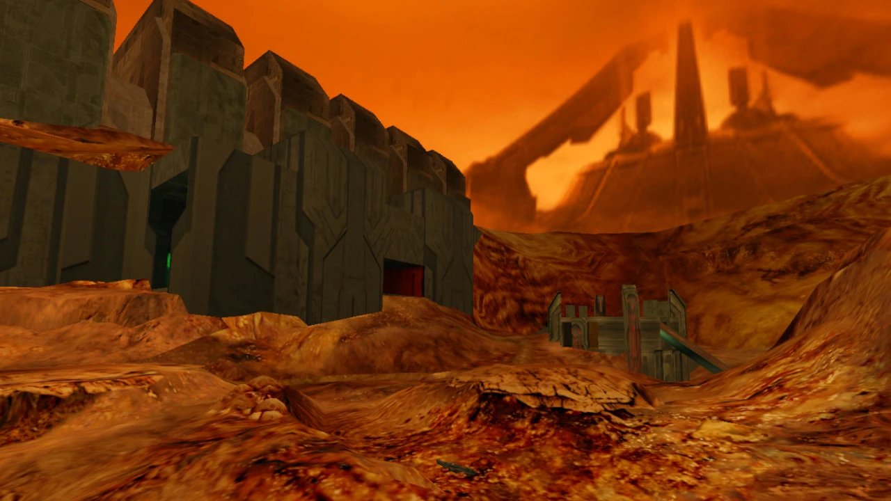 Captura de pantalla de una fortaleza alienígena de color naranja y terreno rocoso del mod Halodoom de Doom II
