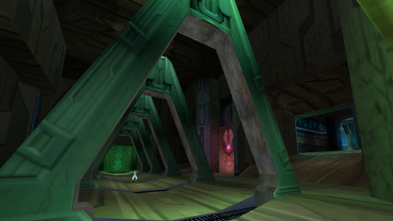 Captura de pantalla mostrando pasillos metálicos futuristas verdes dentro del mod Halodoom para Doom II