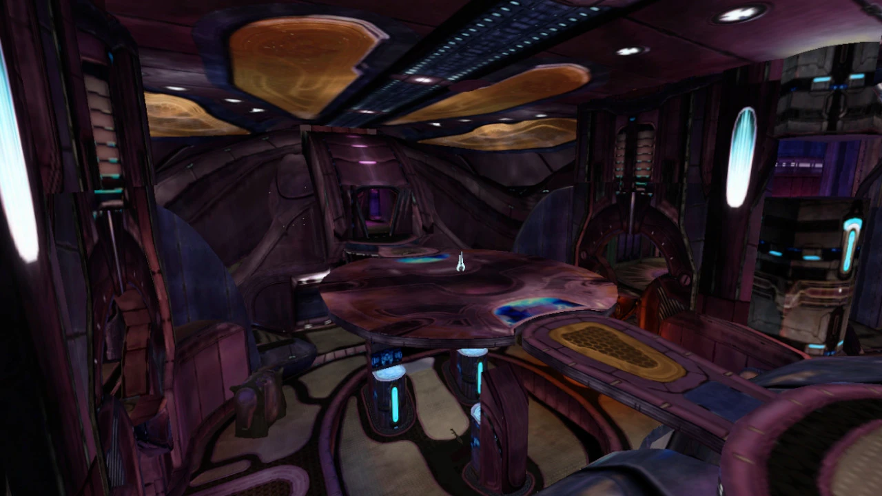 Captura de pantalla de una sala de ciencia ficción púrpura y azul con arquitectura alienígena del mod Halodoom para Doom II