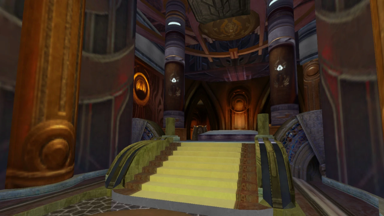 Gran sala con amplia escalera, pilares ornamentados e iluminación ambiental en el mod Halodoom de Doom II