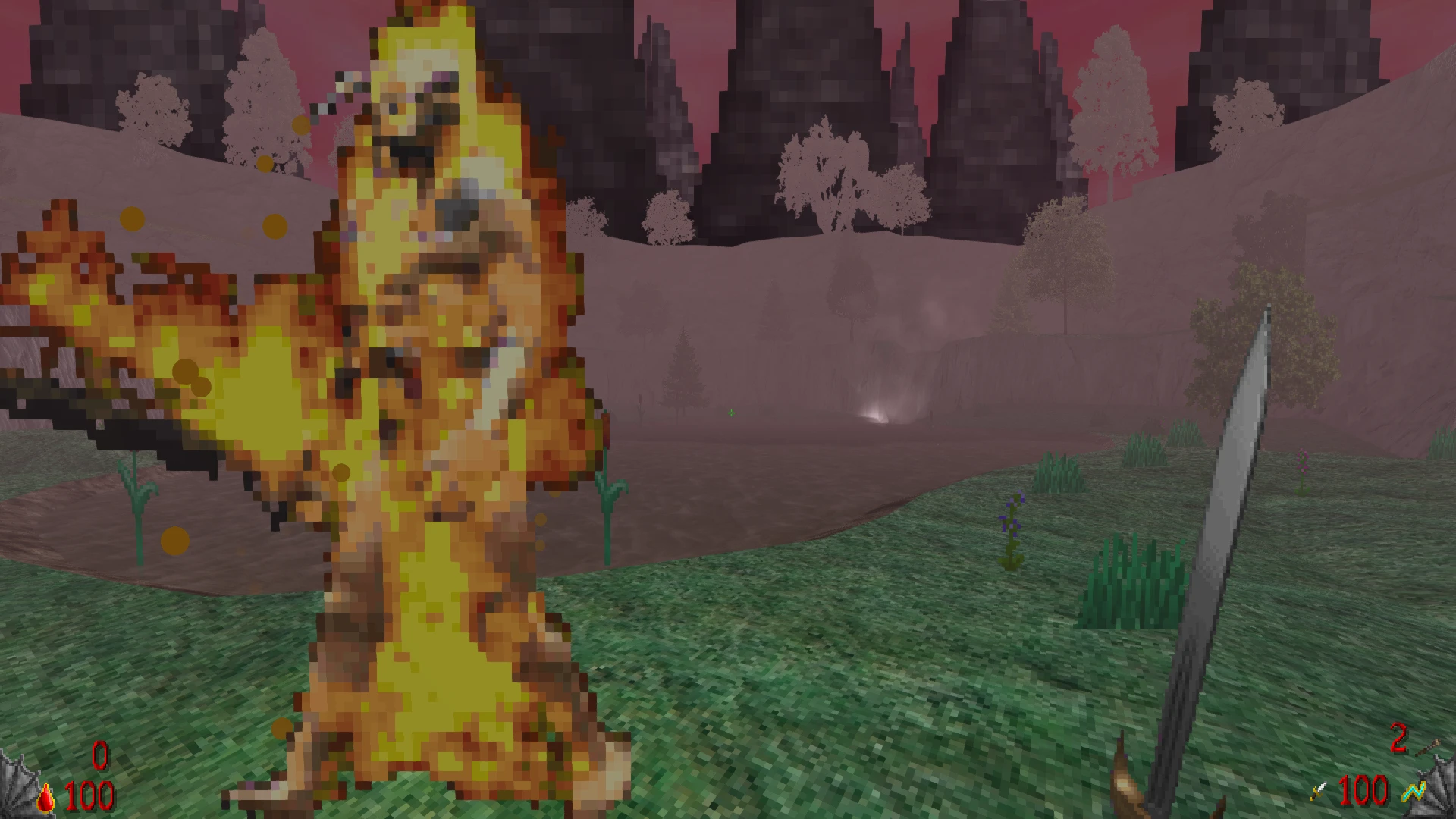 У моді Doom II Heartwrath Islands вогняний ворог із зброєю стоїть біля озера поруч зі святинею в піксельному стилі