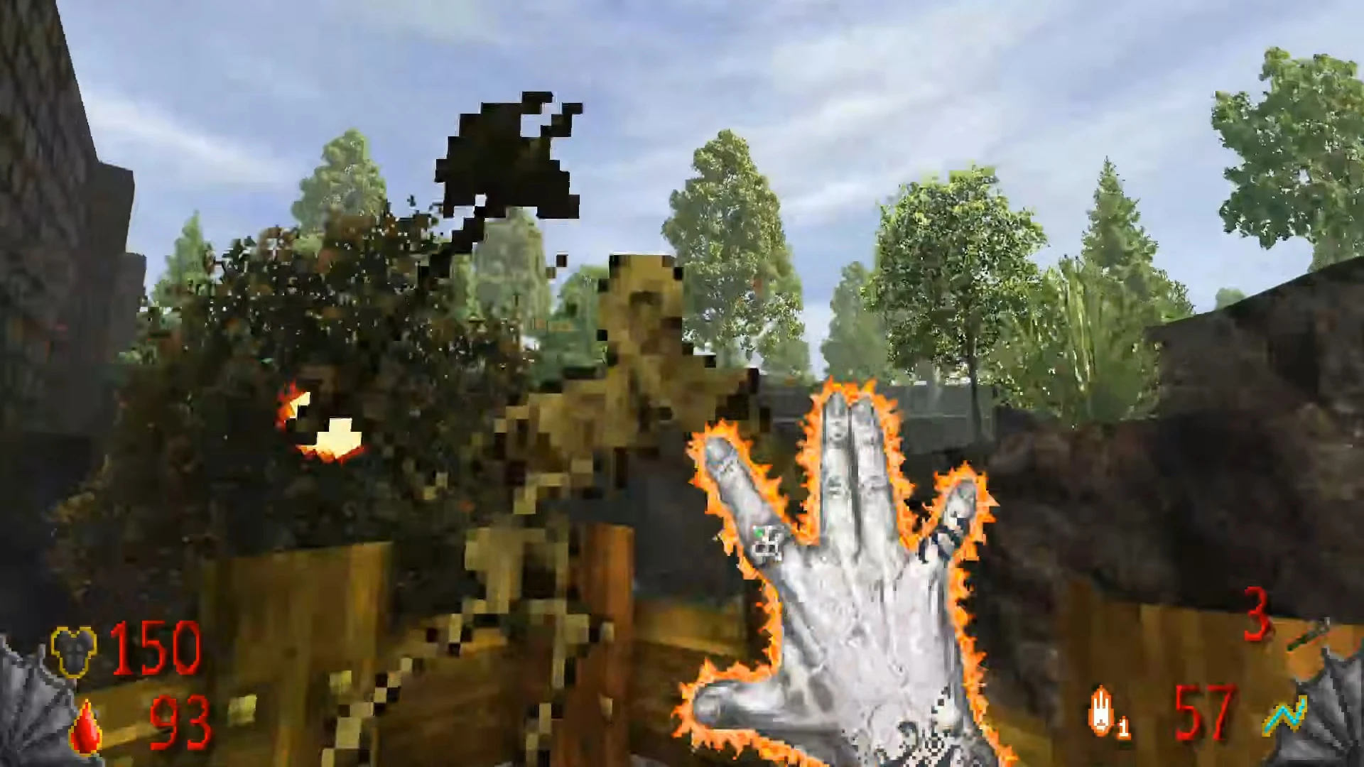 Ігровий процес мода Doom II Heartwrath Islands з палаючою рукою та піксельним ворогом у лісовому святилищі