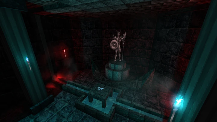 Темна кам’яна кімната зі світлом синього і червоного кольорів та статуєю на п'єдесталі у моді Doom II