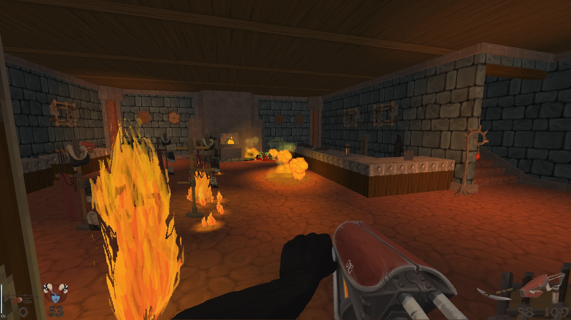 First-person view of a medieval interior with stone walls, wooden ceiling, flames, and a flamethrower weapon active