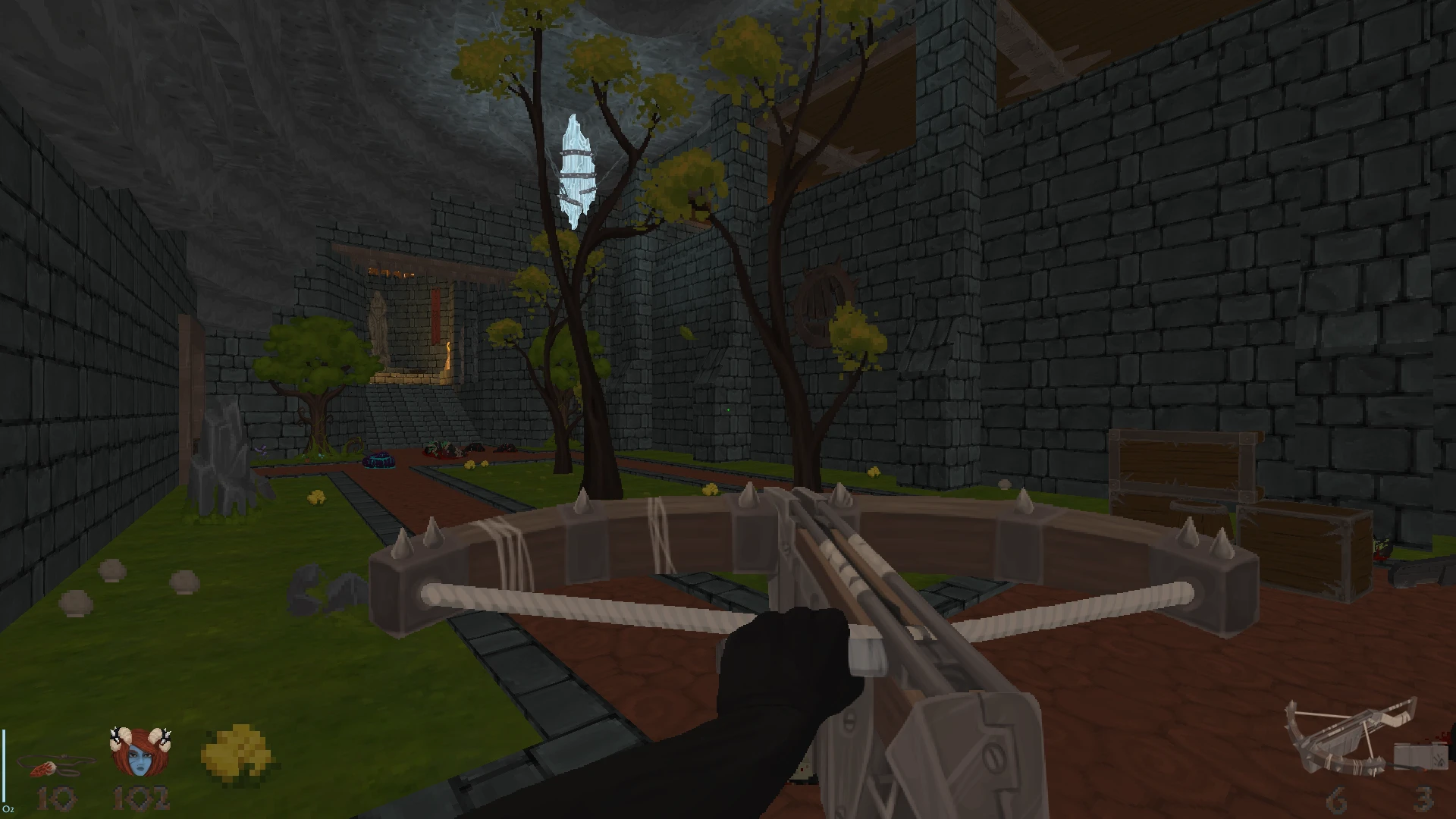 Game screenshot showing crossbow aimed in a medieval courtyard with stone walls and trees in Doom II Hedon mod