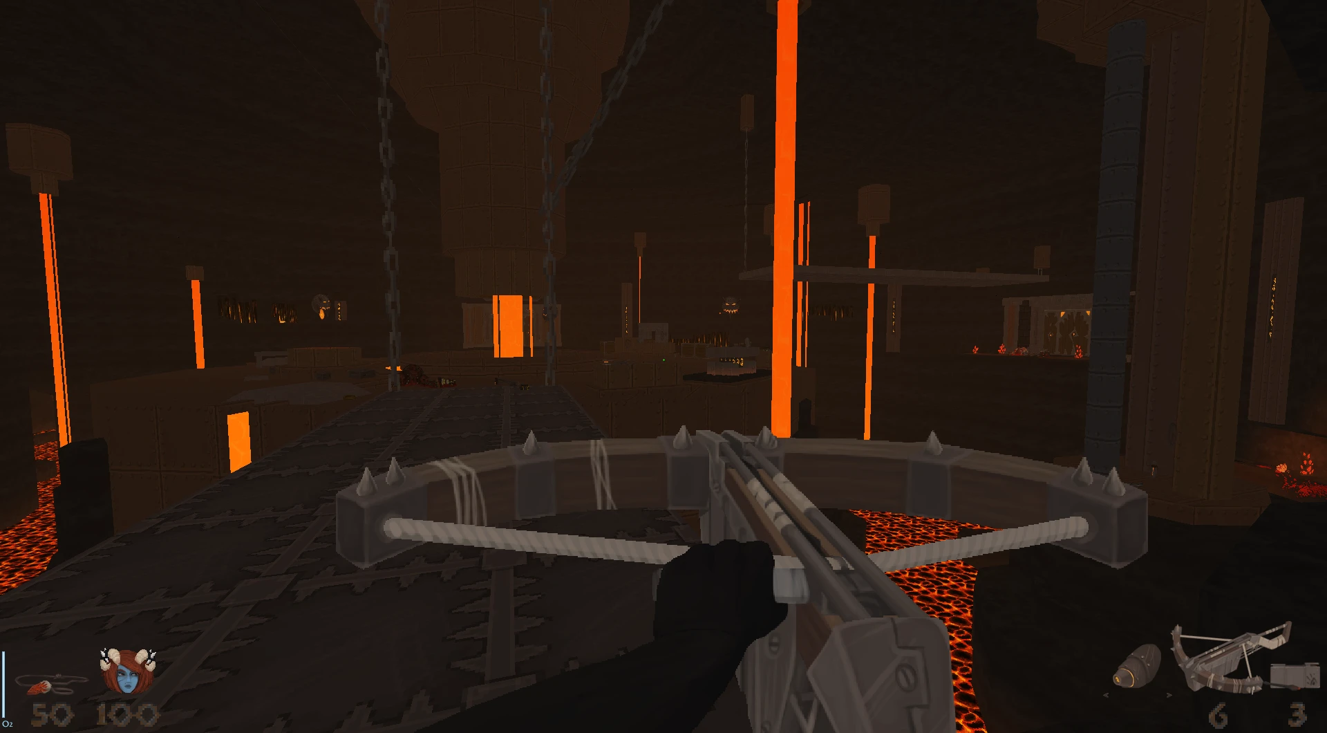 First-person view holding a crossbow inside a dark fortress with lava pillars and chains in Doom II Hedon mod