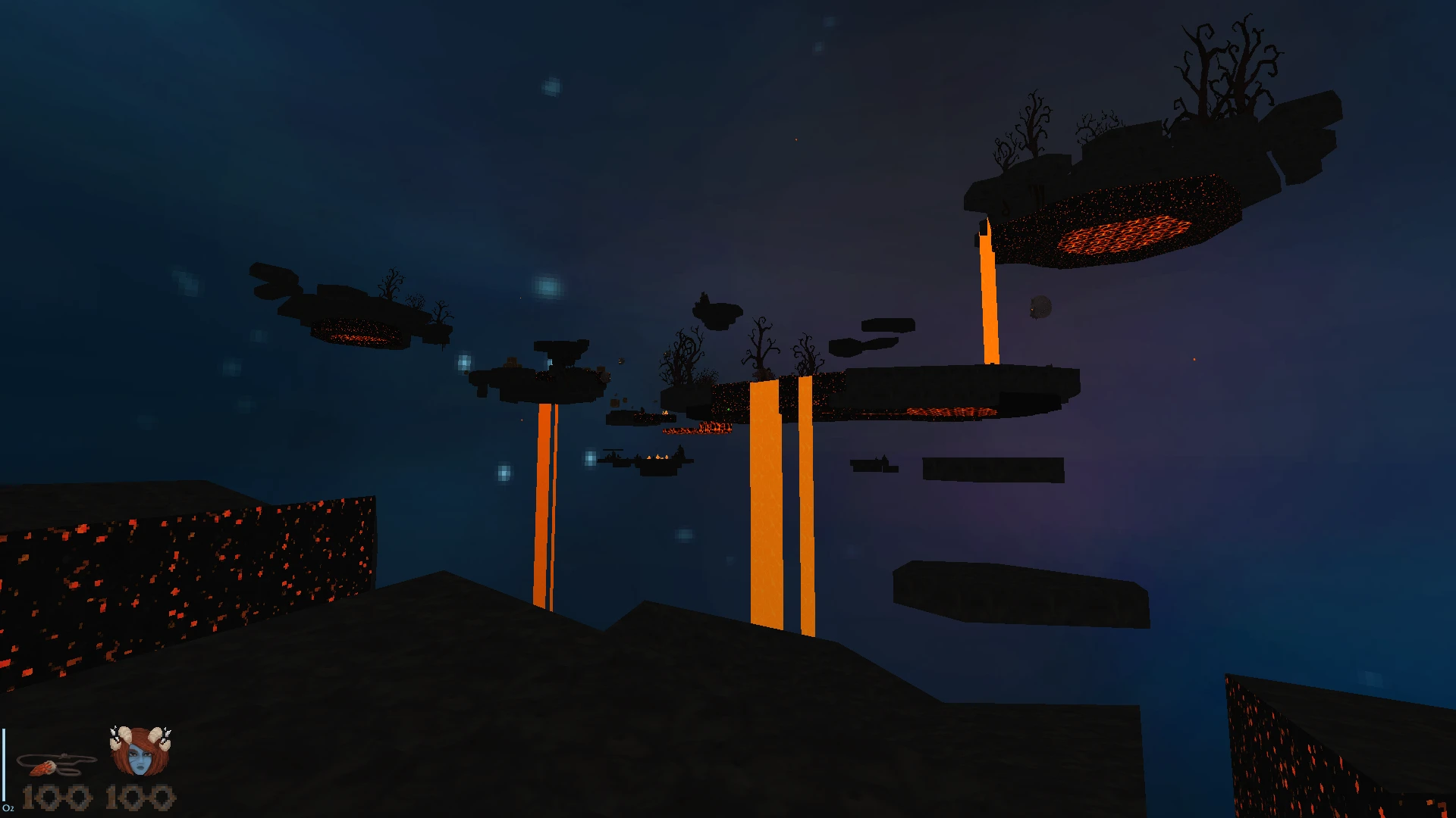 Doom II Hell on Earth Hedon mod screenshot showing floating dark islands with glowing lava and barren trees