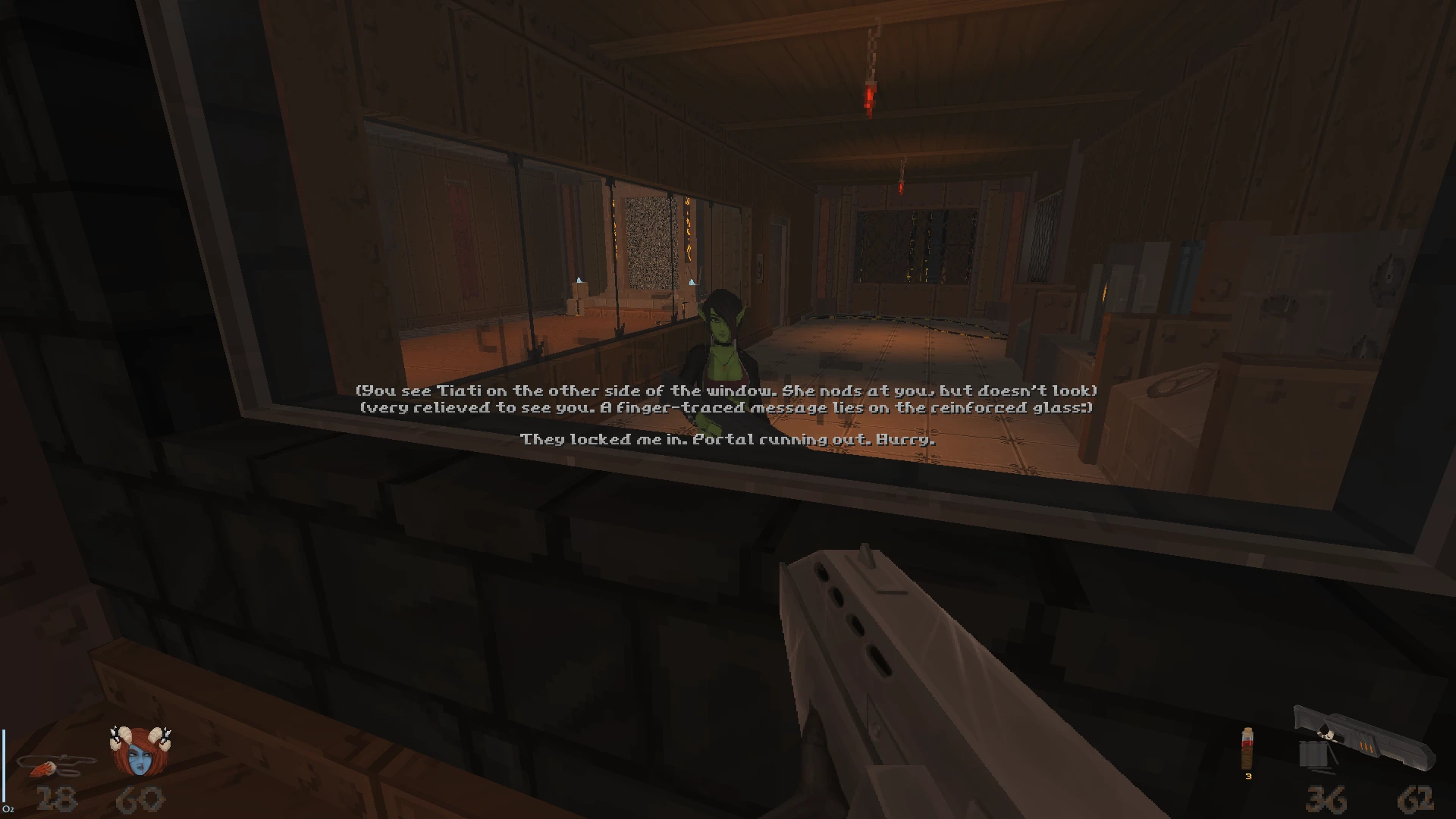Player views a female character behind reinforced glass with a finger-traced message in a dark wooden room