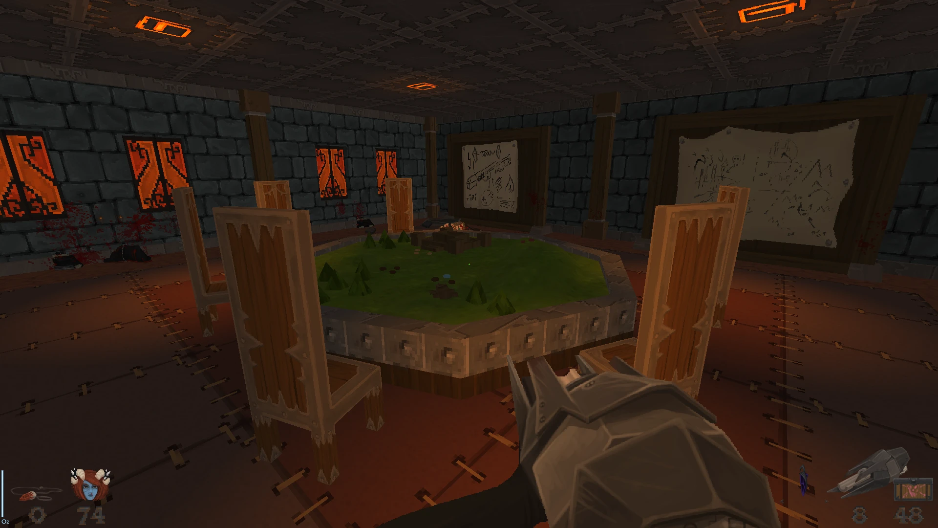 In-game view of a war room with a raised map table surrounded by chairs and stone walls with orange-lit windows in Doom II Hedon mod