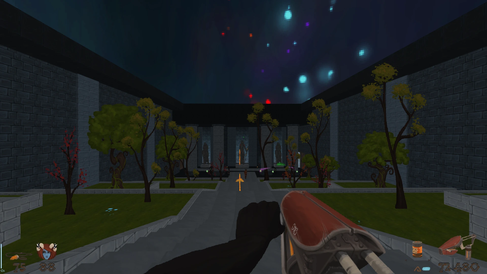 First-person view of a courtyard with green grass, various trees, stone walls, and glowing colorful lights in the sky from Doom II Hedon mod