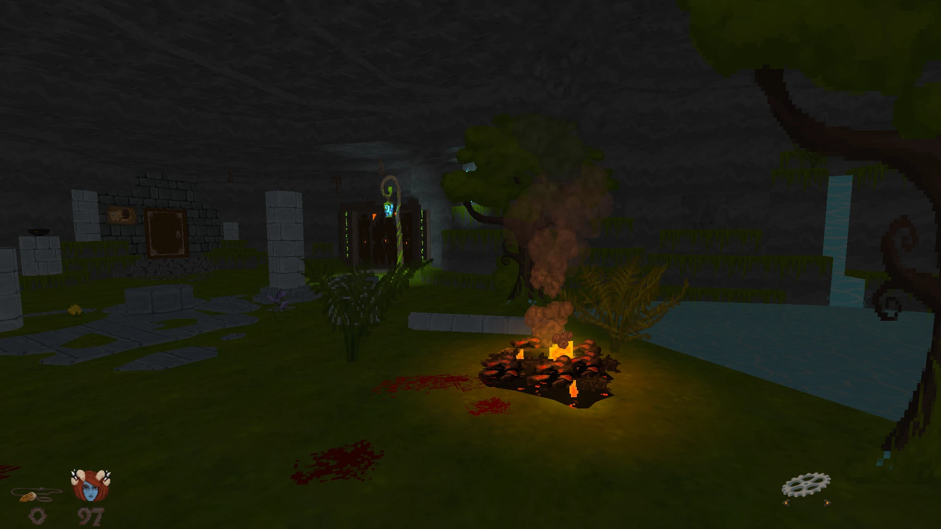 A dimly lit cave in a forest setting features a campfire with smoke, stone pillars, plants, and blood stains