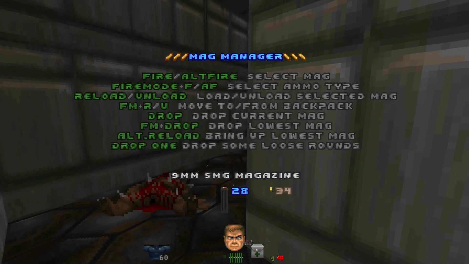 In-game screenshot showing the Mag Manager interface for ammo handling in Doom II Hideous Destructor mod