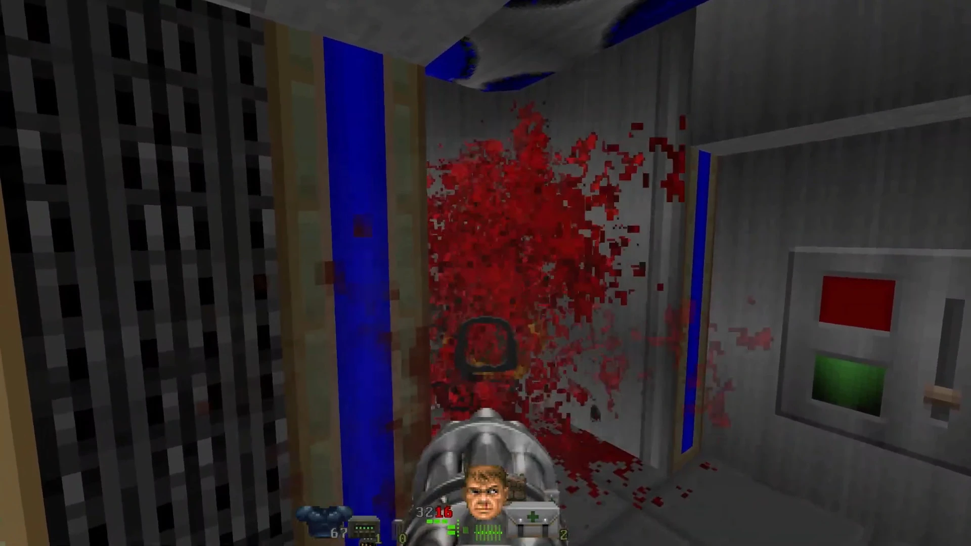 First-person shooter view showing a gray weapon firing at a wall with blood splatter in a metallic corridor in Doom II mod