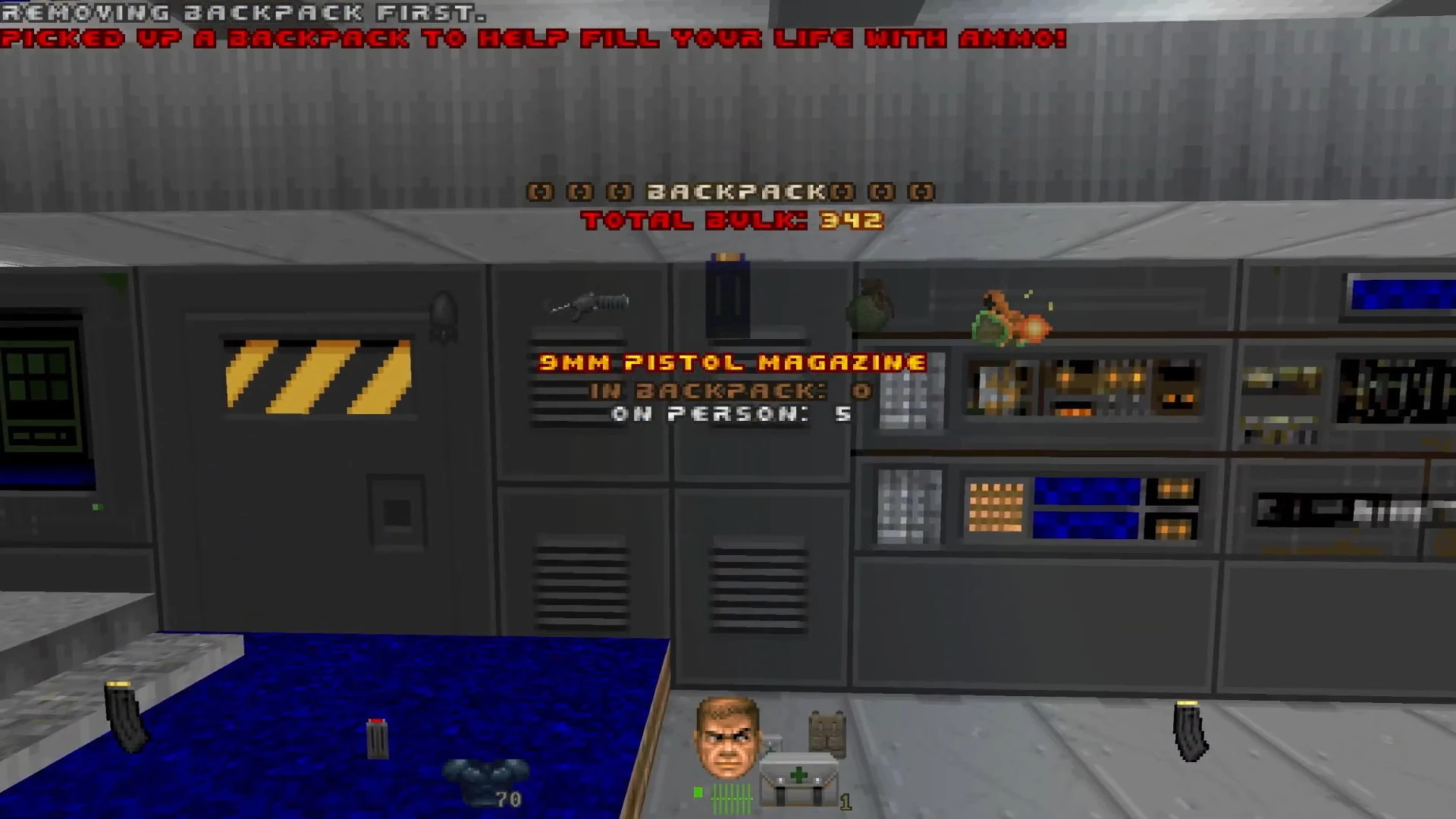 Doom II Hideous Destructor mod interface showing backpack inventory and ammo stats