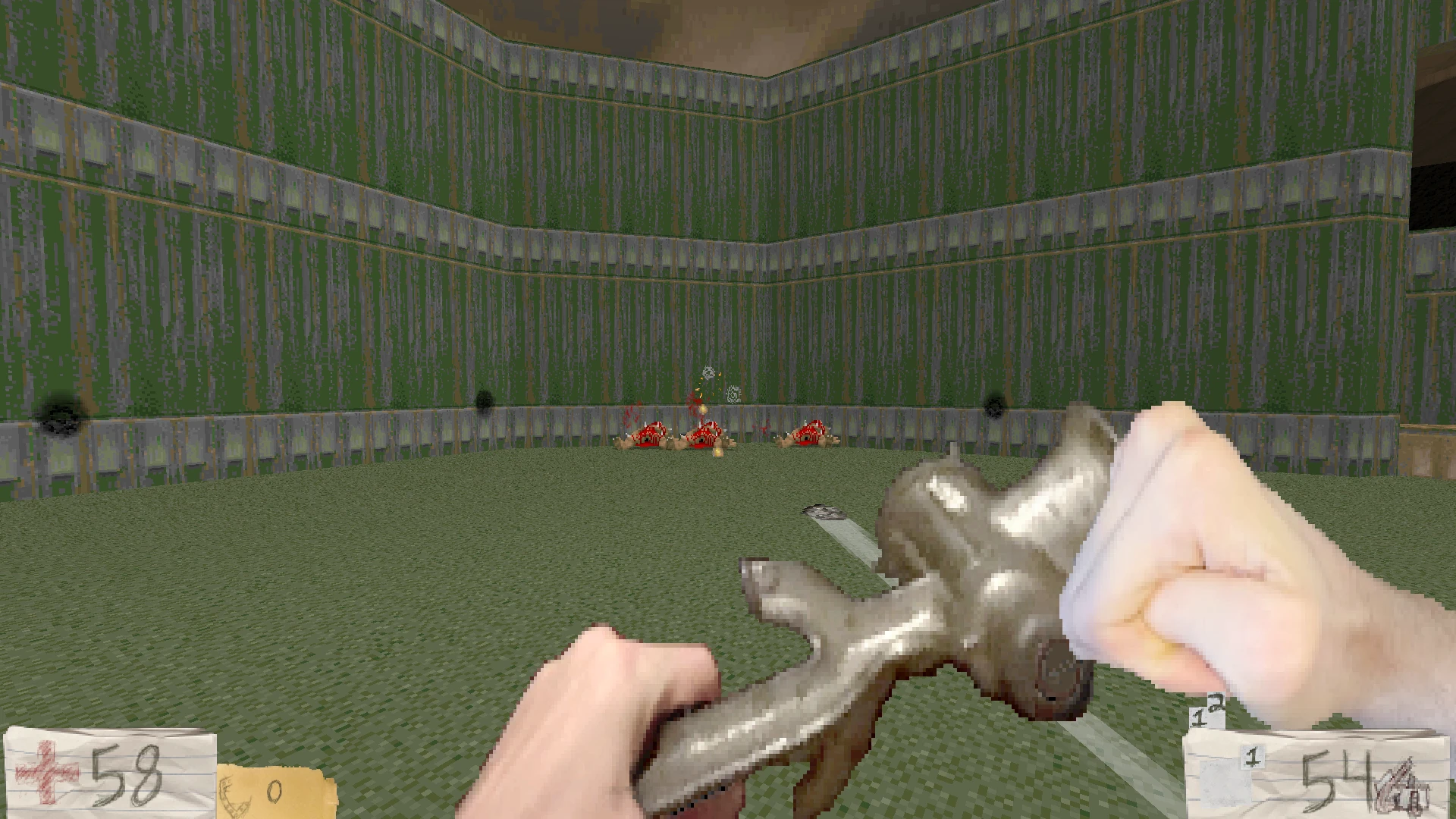 First-person view in Doom II mod Improvisation showing player holding a spiked club ready to punch in a green-walled arena