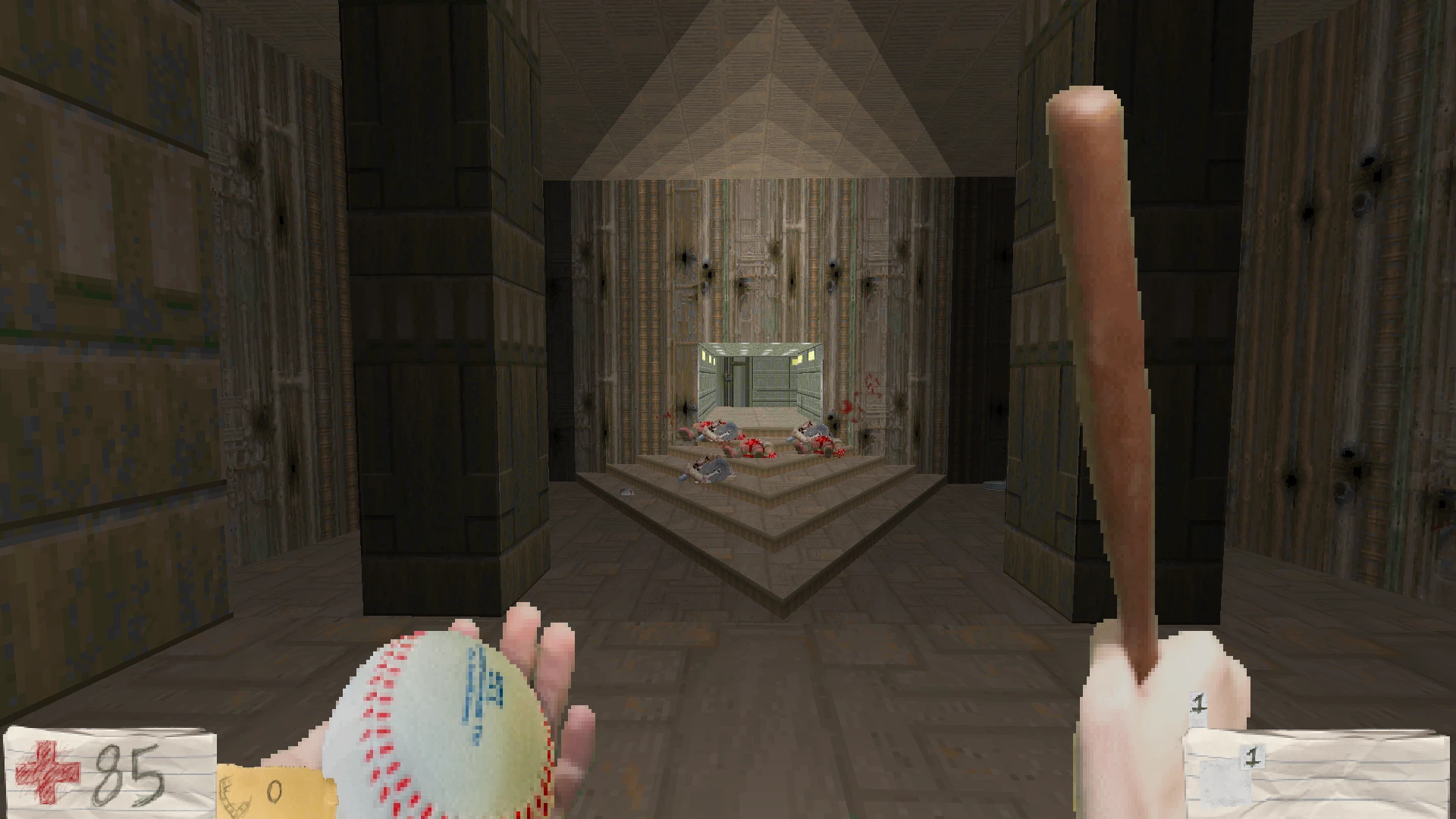 Gameplay screenshot from Doom II Improvisation mod showing player holding a baseball and bat in a dark corridor