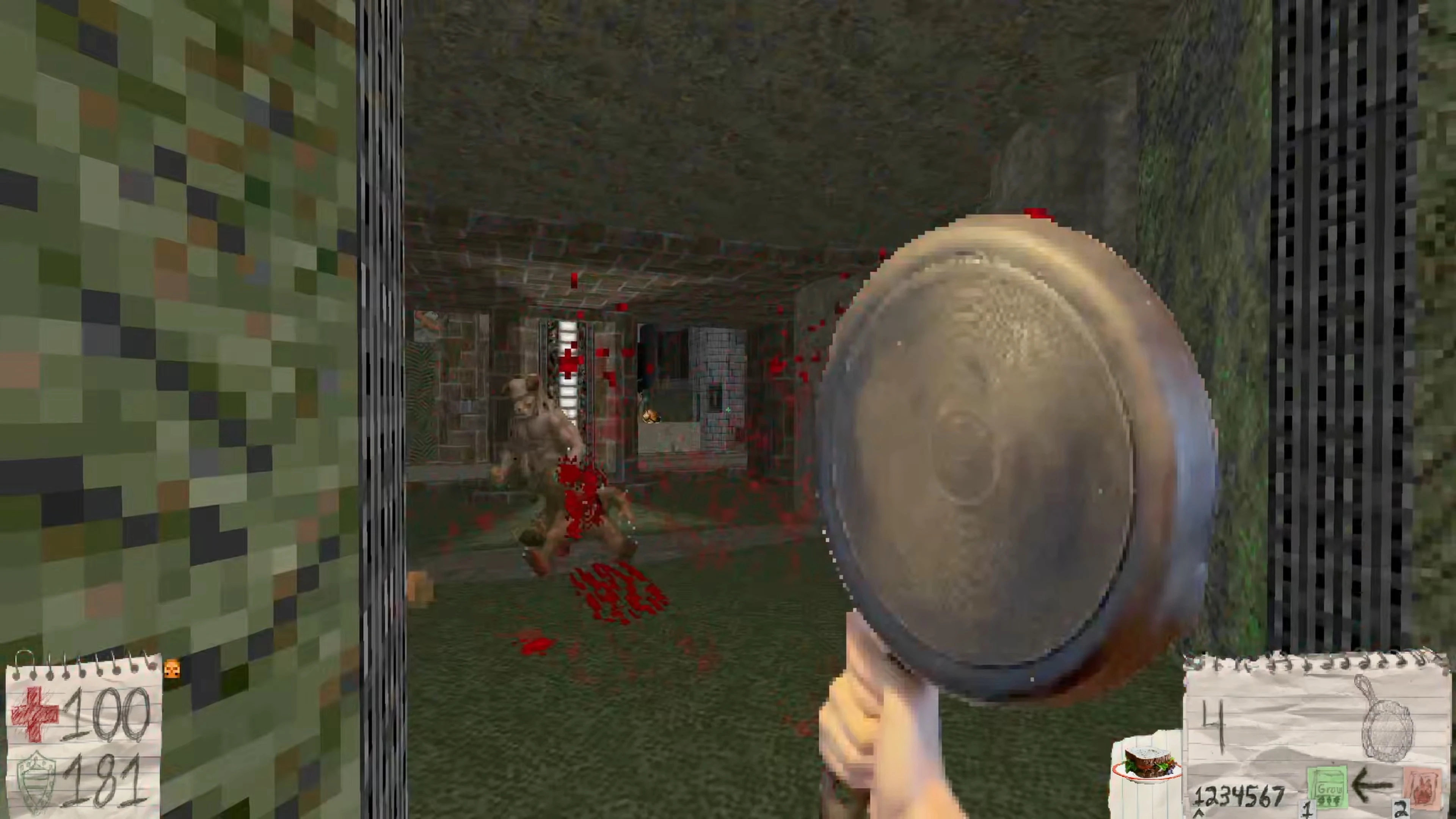 First-person view in Doom II Improvisation mod hitting a monster with a frying pan causing blood splatter