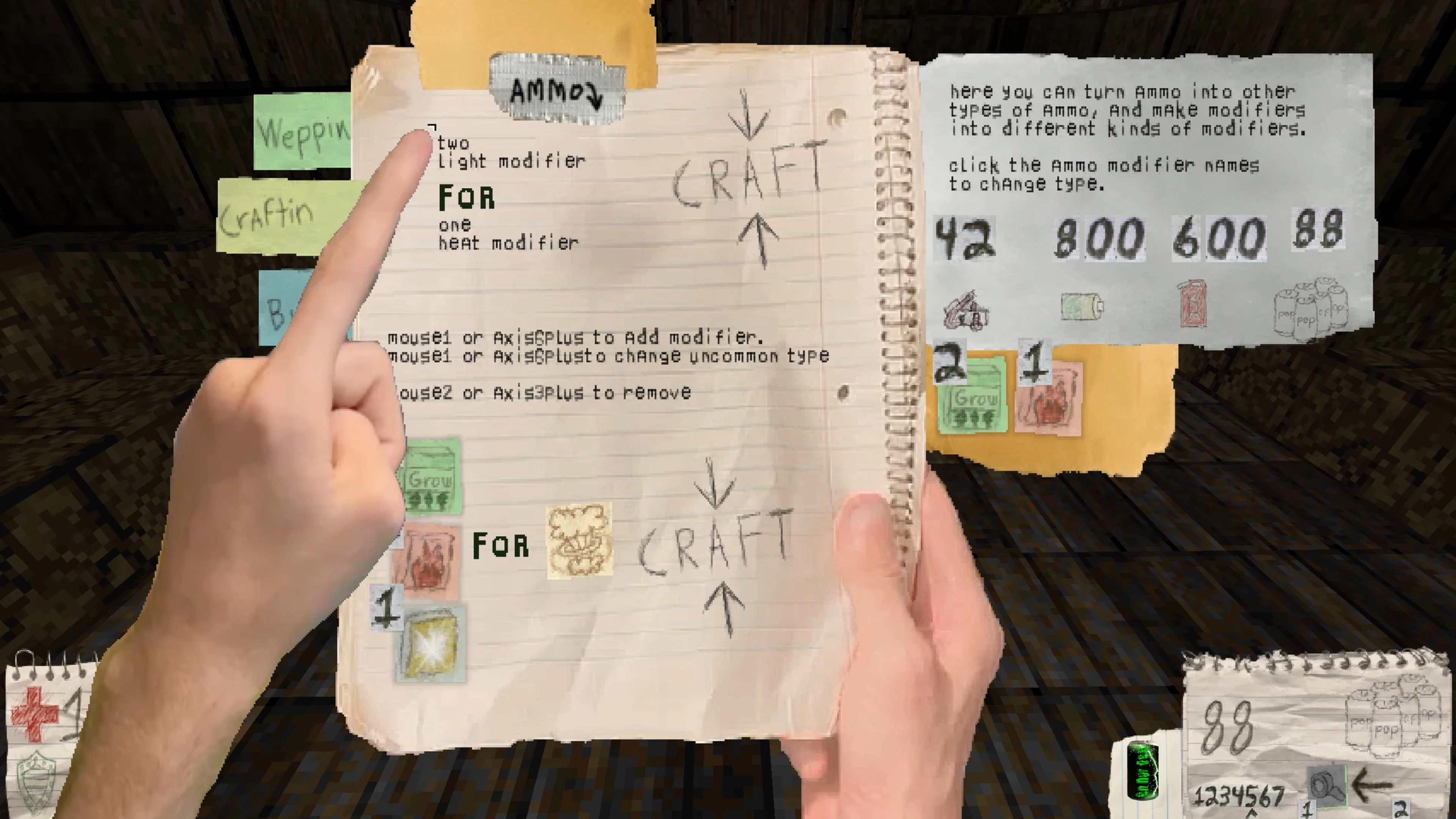 Player crafting ammo modifiers shown on notebook with hand pointing, instructions visible