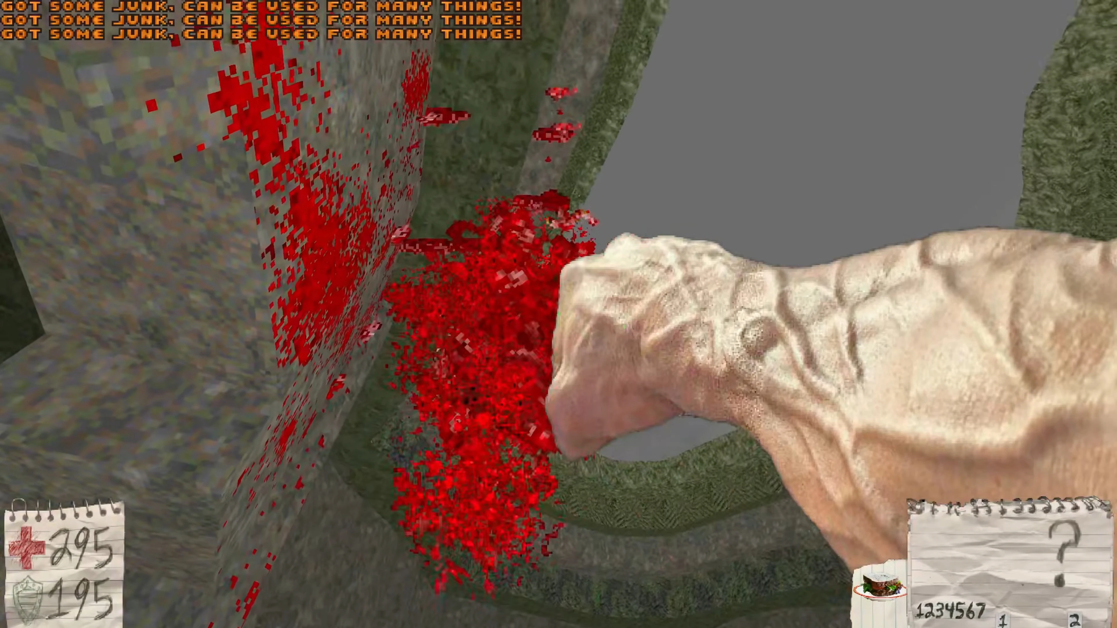 Close-up of a muscular arm punching with red blood splatter on a rocky surface in Doom II: Hell on Earth mod Improvisation