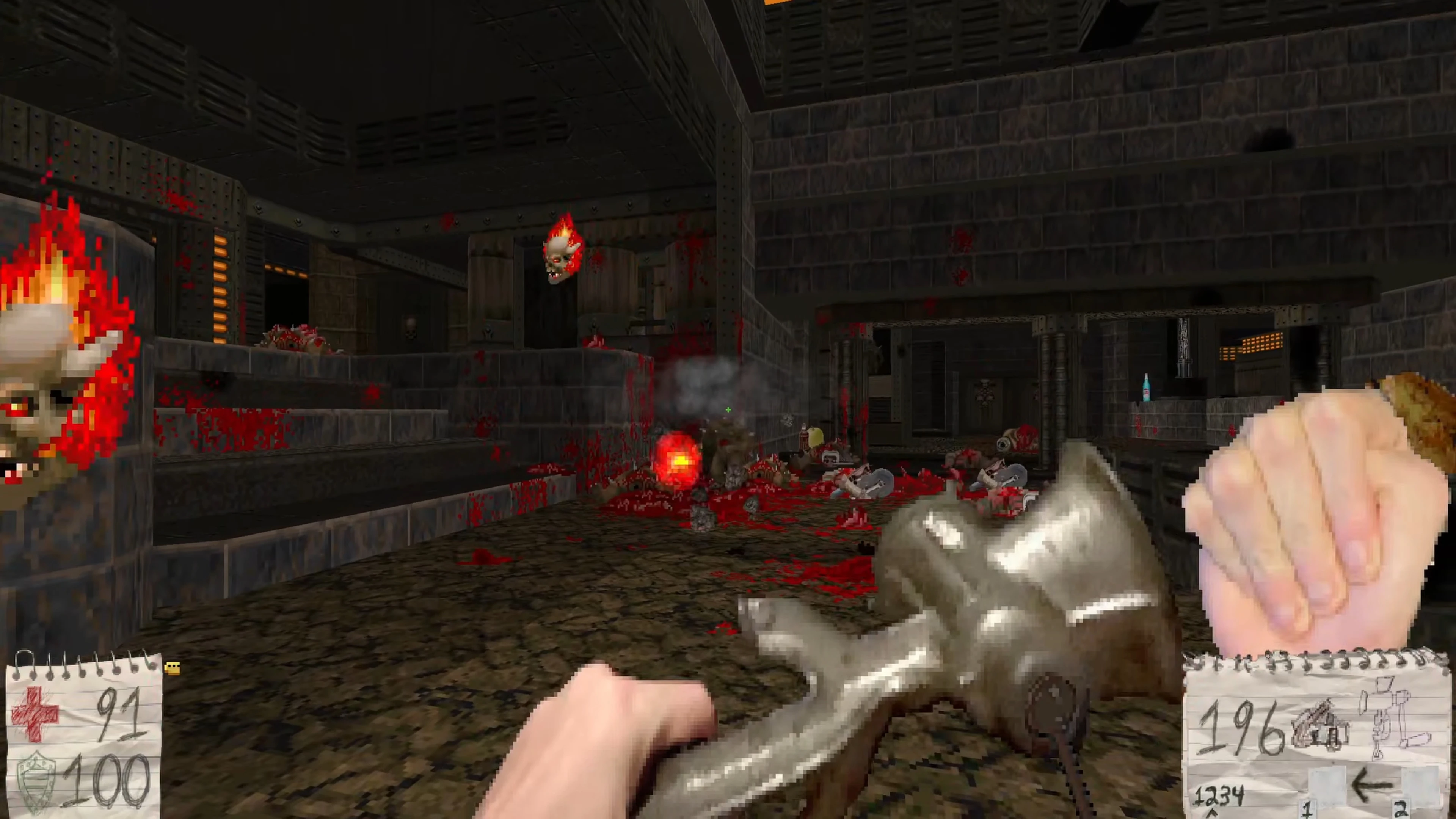 First-person view of player fighting flaming skull enemies in dark, bloody Doom II mod level