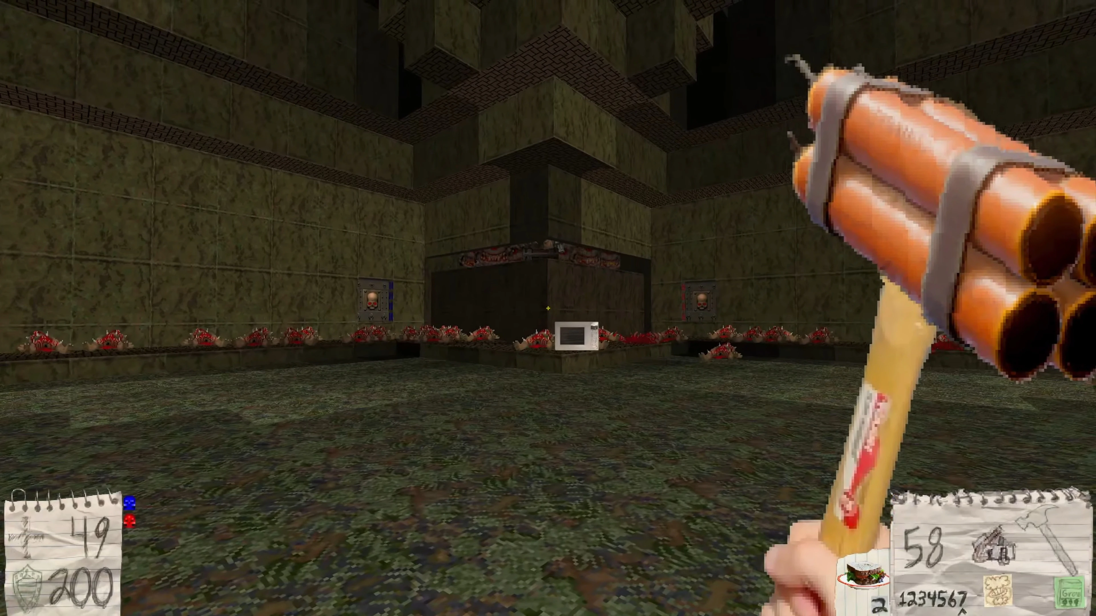 First-person view of Doom II mod Improvisation showing a pixelated weapon in hand and a microwave on the floor in a dark green room