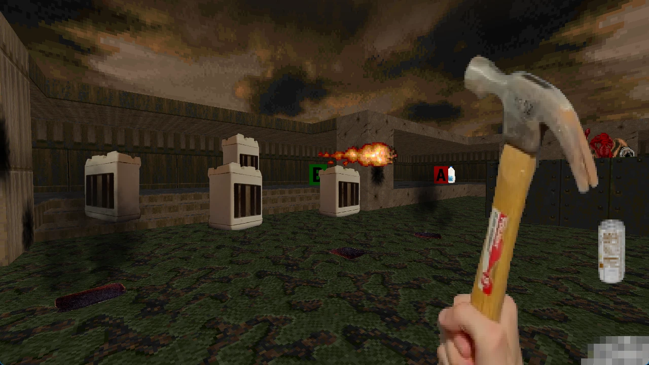 Player holding a hammer in Doom II Improvisation mod environment with fireball flying and industrial walls