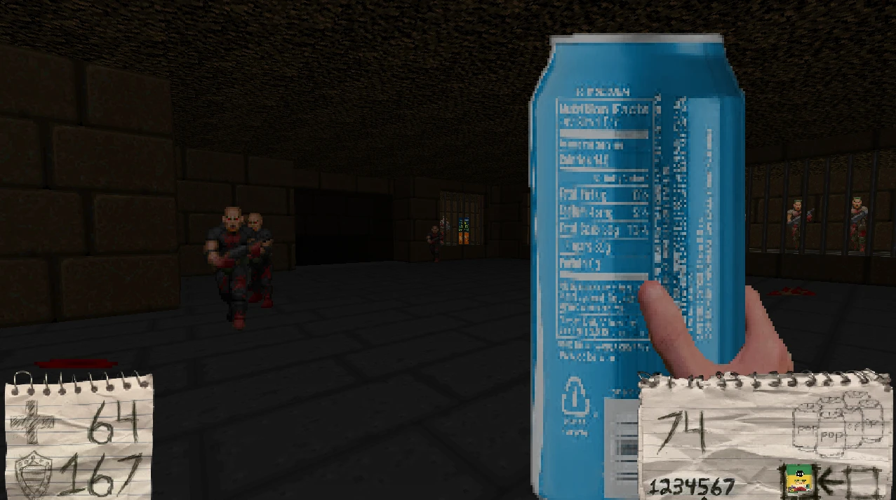 Player holds a blue soda can as a weapon attacking enemies in a dark stone dungeon in Doom II mod Improvisation