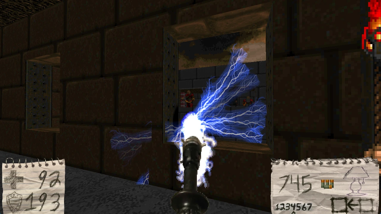 Player firing a lightning gun through a window at enemies inside a brick building in Doom II Improvisation mod