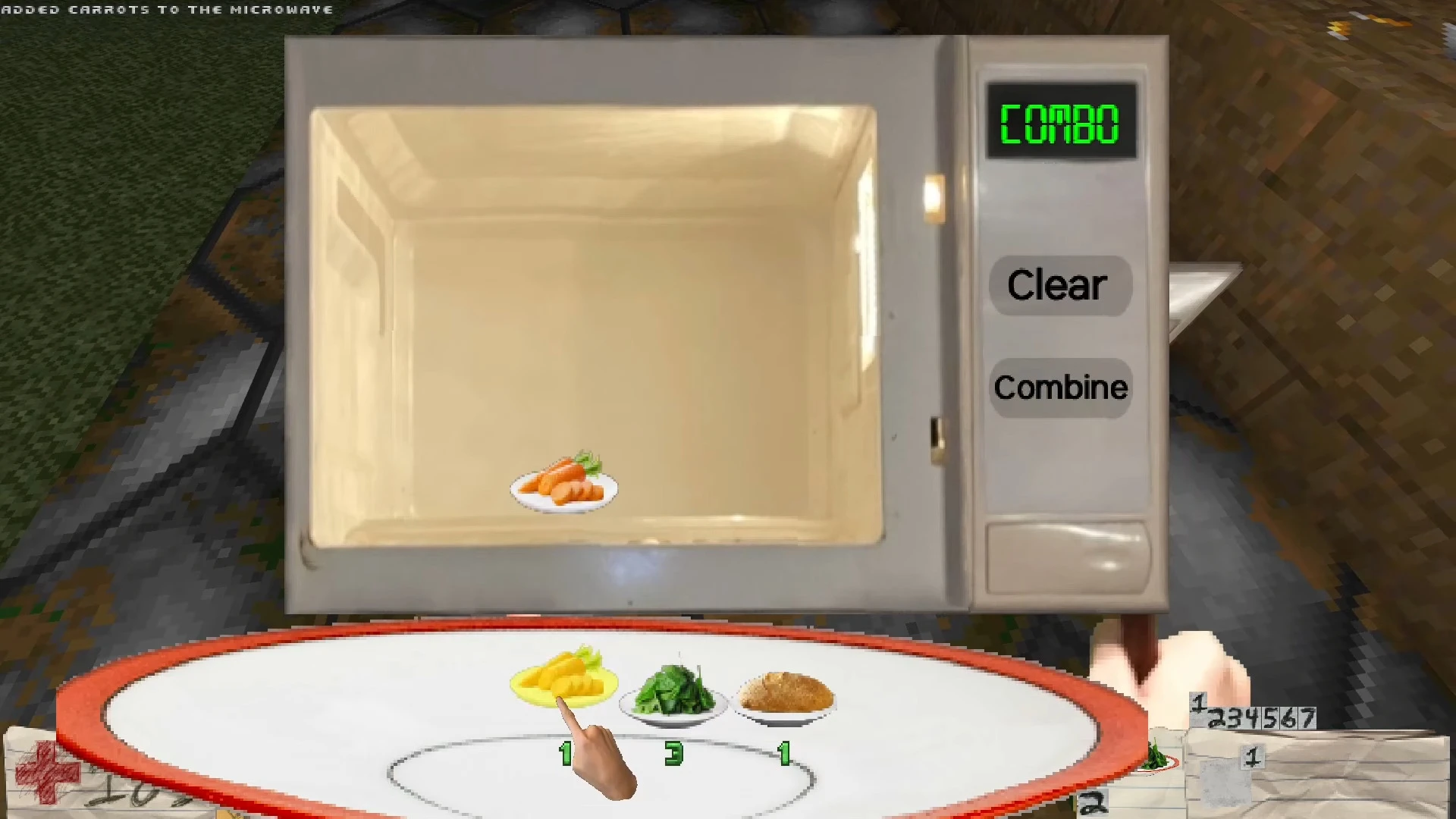 Screenshot of a microwave in Doom II Improvisation mod showing carrots being combined with a 'COMBO' indicator