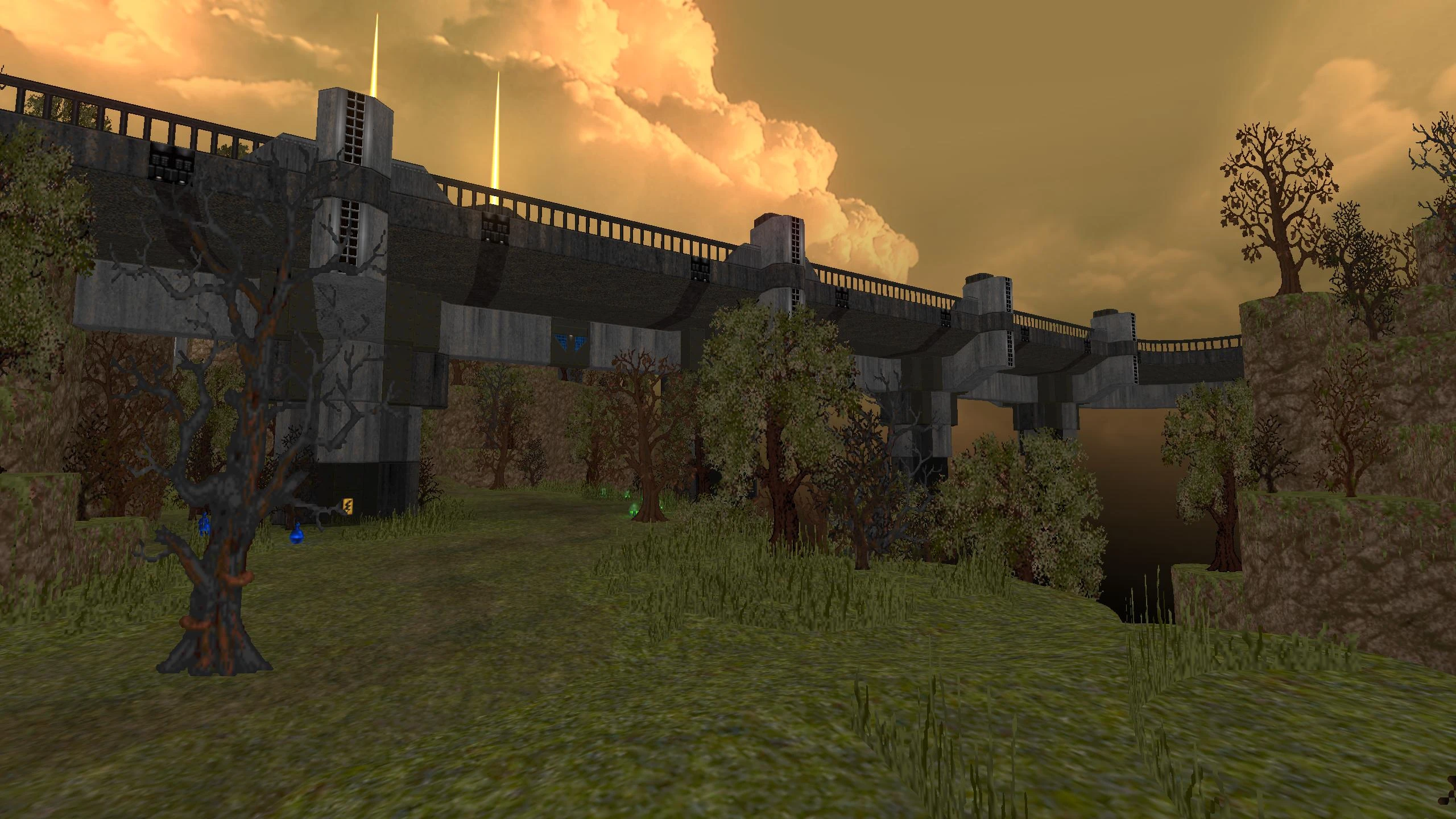 Вид у грі на бетонний міст над лісистою місцевістю та помаранчевим хмарним небом