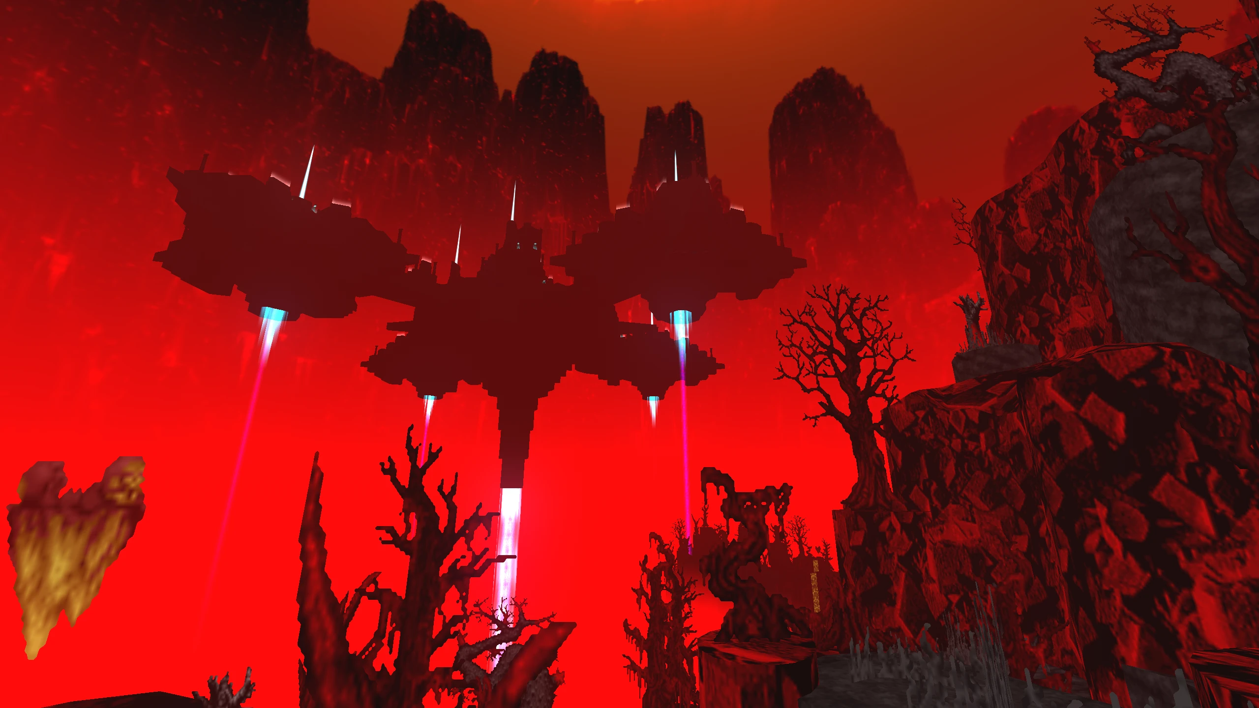 Темна плаваюча фортеця випромінює сині промені над червоним пекельним ландшафтом з гострими скелями та викривленими деревами