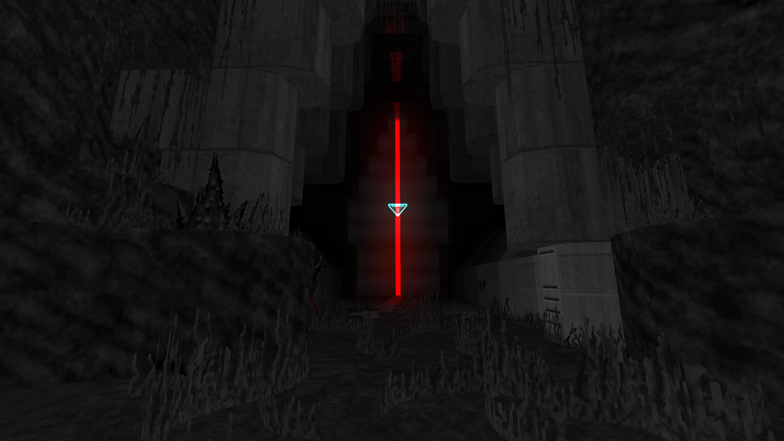 Скріншот з гри з темною печерою, кам'яними колонами і яскравим червоним вертикальним променем у моді Insanity Edged для Doom II