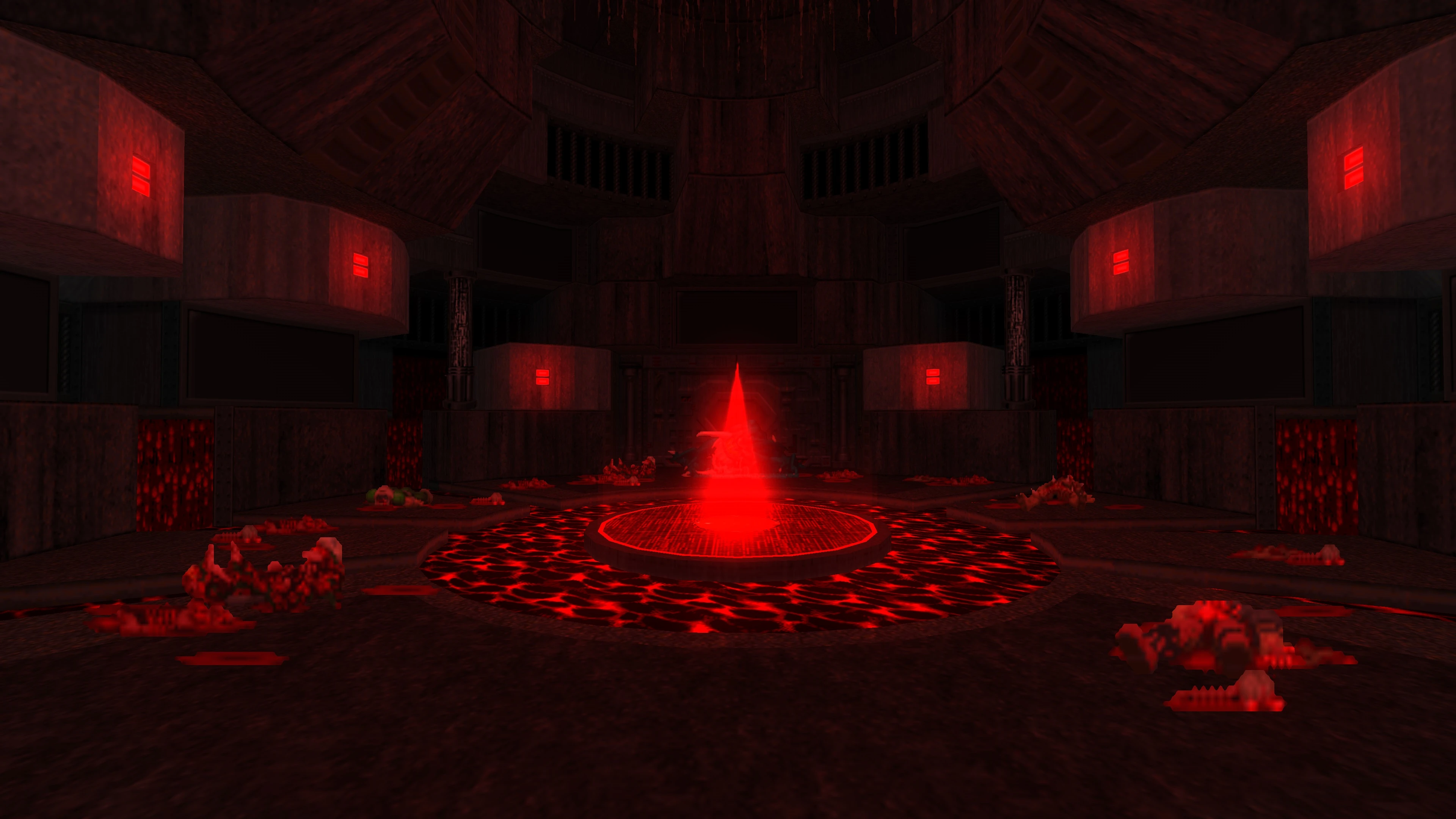 Знімок темної круглої арени з світлою червоною платформою і розкиданими рештками у моді Doom II Insanity Edged