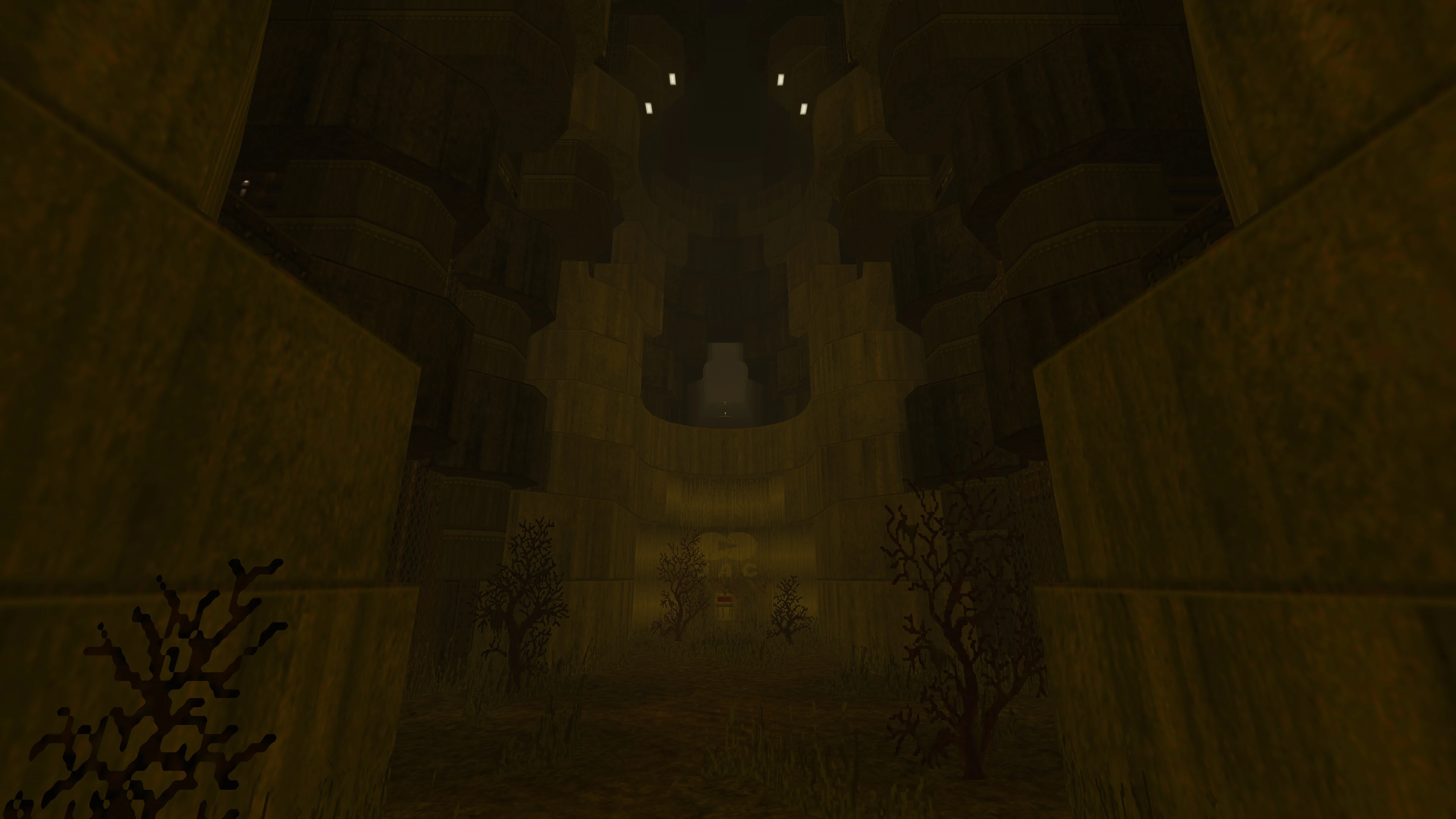 Тьмяно освітлений індустріальний коридор з високими циліндричними структурами та безлистими рослинами в моді Doom II Insanity Edged