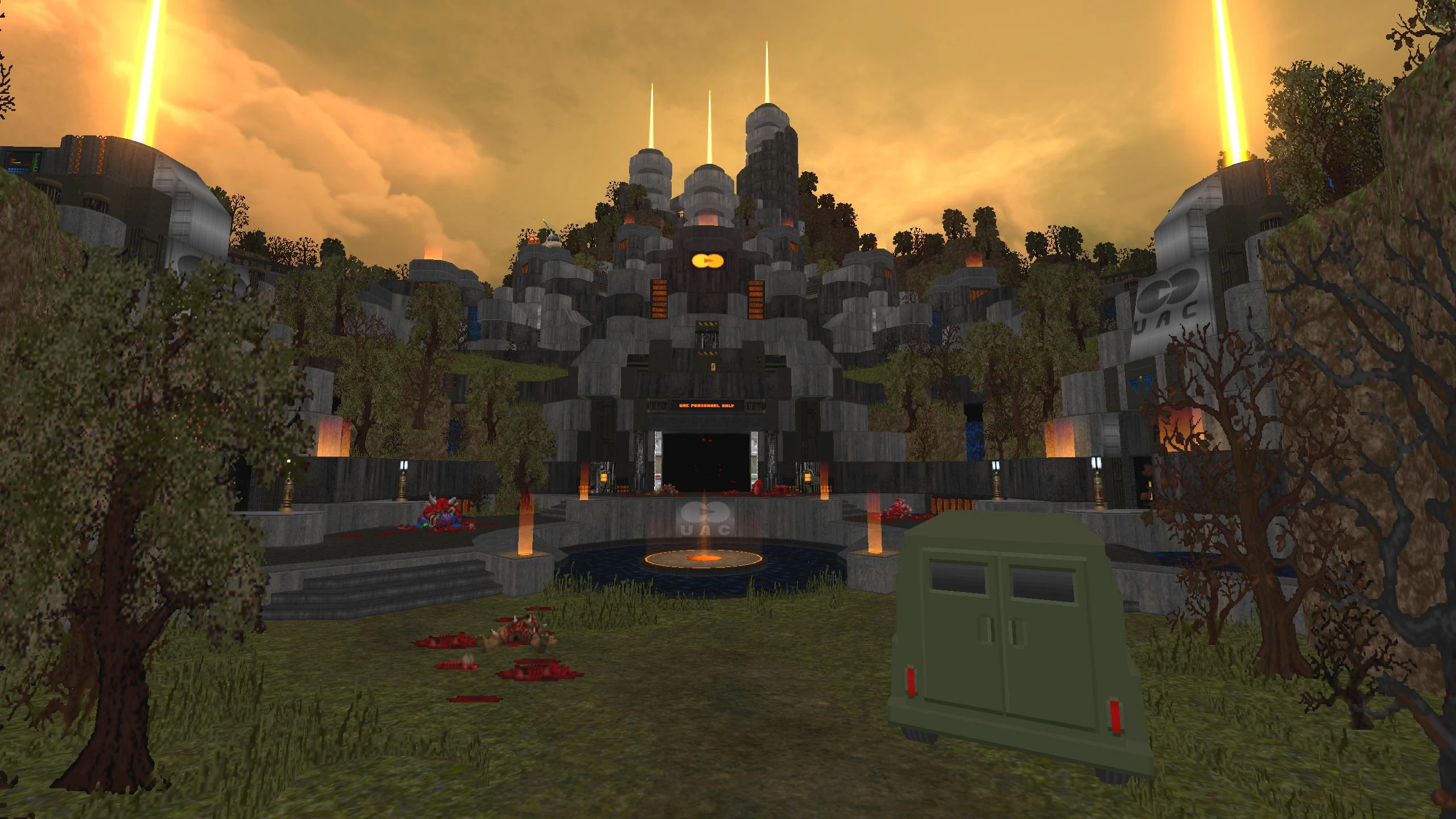 Вид великої фортеці UAC серед дерев, промені світла і зелений транспорт на передньому плані