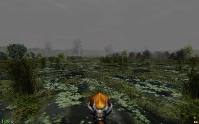 View over a murky swamp with fog and sparse vegetation in Doom II mod IronTusks Diablo3D